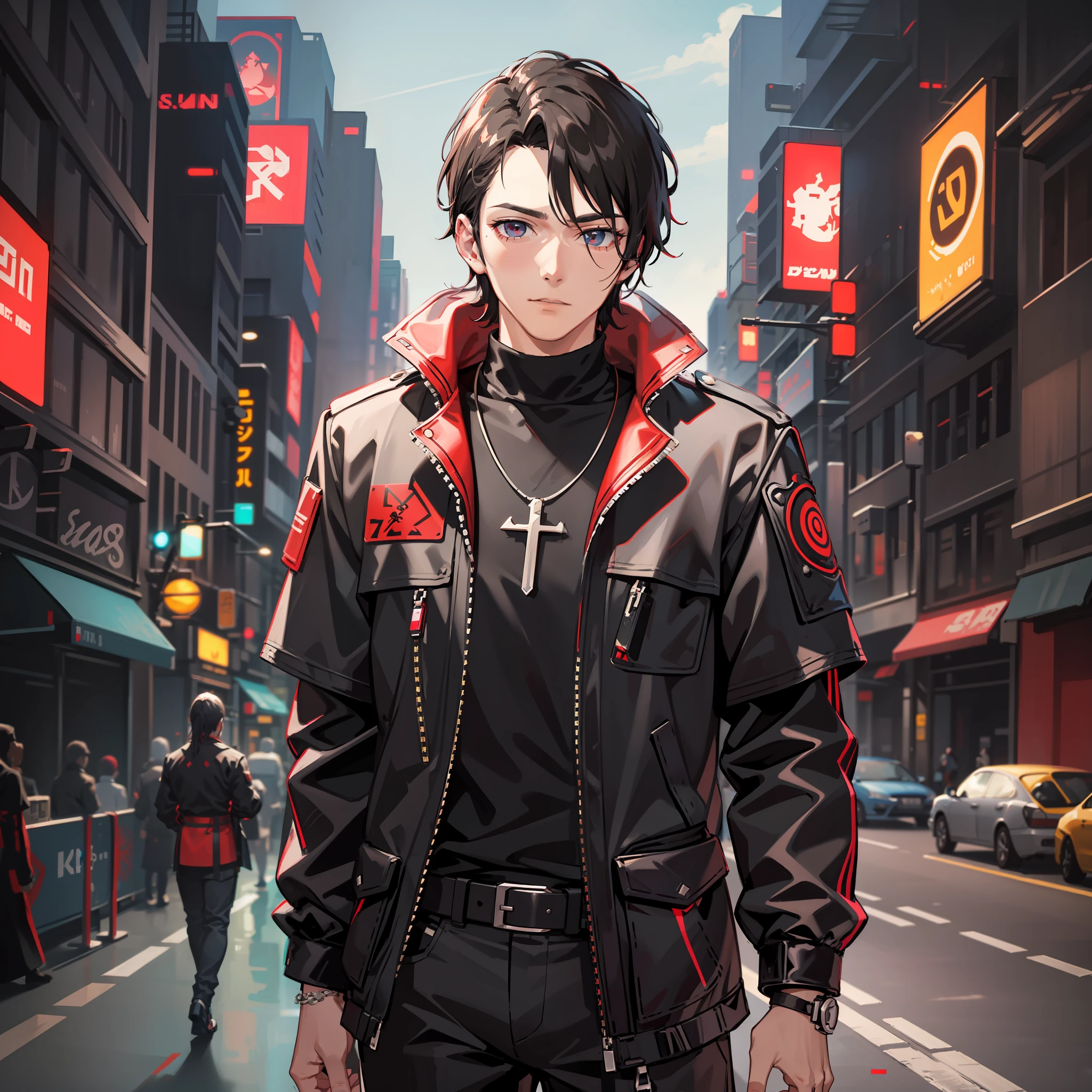 padre cyberpunk, priest clothes with red details, detalhes intricados, 4k, neon light, neon vermelho