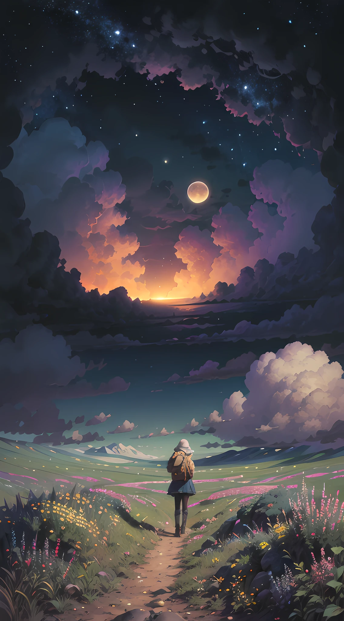 Expansive landscape photograph,(look from down,Above is the sky,Below are open fields),harmony of swirly clouds,A girl standing on a flower field looking up,(moon full:1.2),(meteors:0.9),(Starcloud:1.3),Far Mountain, Tree BREAK making art,(Warm light source:1.2),(glowworm:1.2),lamp lights,Lots of purple and orange,Complicated details,Volumetriclighting,Realism BREAK(tmasterpiece:1.2),(best qualtiy),4k,Ultra-detailed,(dynamic compositions:1.4),The is very detailed,Colorful details,(Irridescent color:1.2),(luminouslighting,Atmospheric lighting),dream magical,magical,(独奏:1.2)