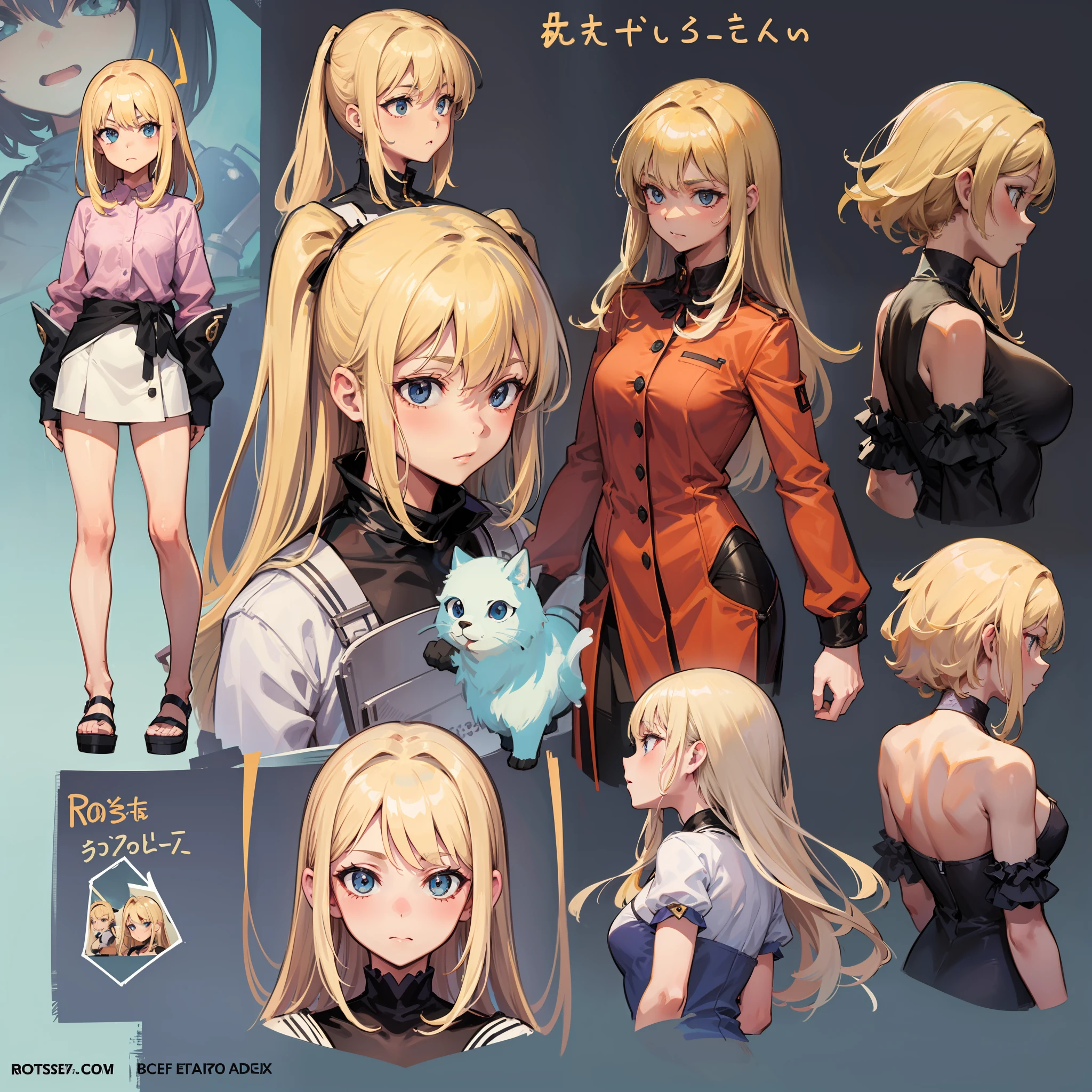 Garota, model sheet, rostos, organizado.