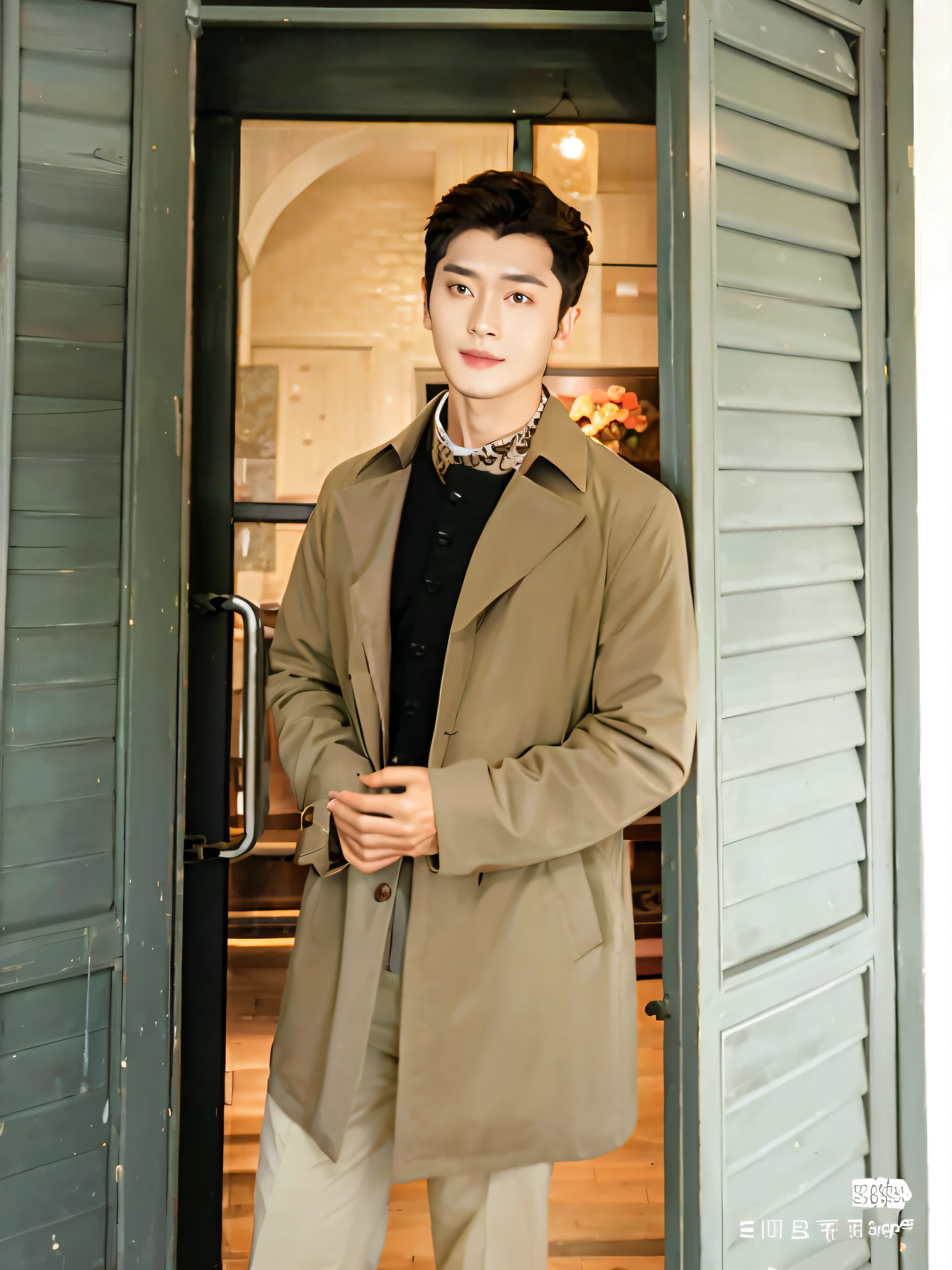 1 Alafeld man in a trench coat standing in the doorway, Ultra HD face,The temperament is elegant,Smile confidently,Personable,Discernment,The smile is vivid,Ray-traced facial details,Light brown trench coat, trench coat with many pockets, he is wearing a black trenchcoat, Trench coat, he is wearing a trenchcoat, Inspired by Zhang Han, light brown coat, Handsome man, trench coat and suit, wearing a long beige trench coat, Handsome, jinyiwei