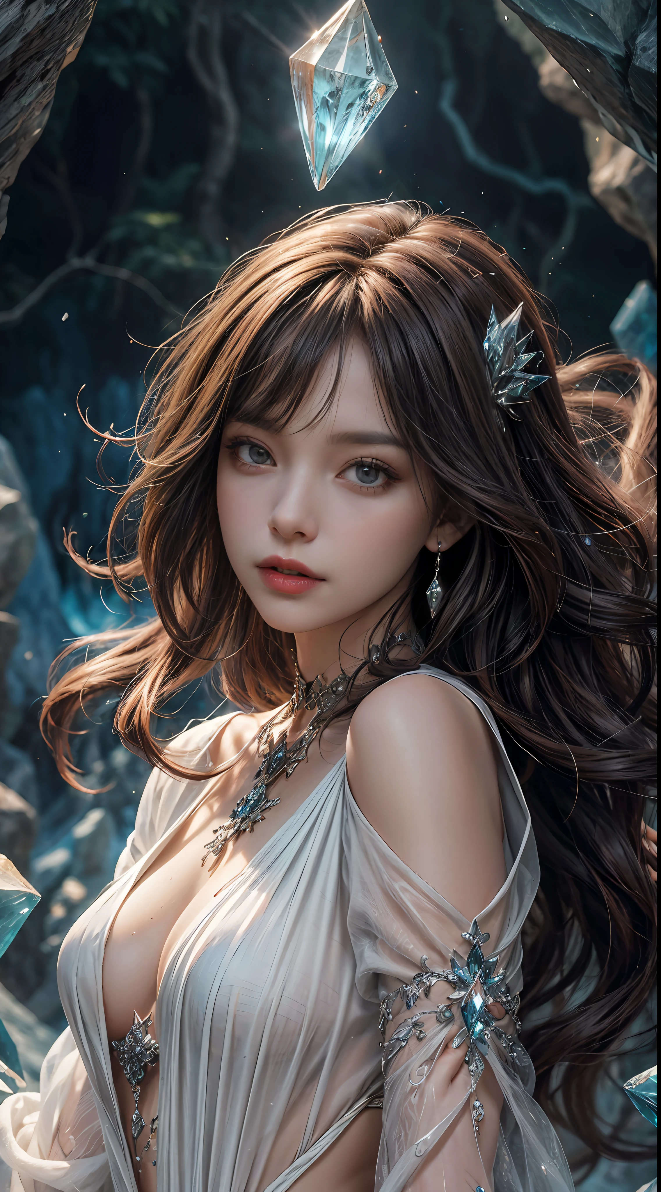 (absurdres, highres, ultra detailed), 1woman, mature female, aged up, wavy long hair, auburn hair, coral eyes, bangs, long sleeves, finely detailed eyes and detailed face, extremely detailed CG unity 8k wallpaper, intricate details, (style-swirlmagic:1.0), looking at viewer, solo, upper body, detailed background, close up, detailed face, (gothic dark ages theme:1.1), crystal sorcerer, dynamic pose, earth themed clothes, crystal crown, floating in the air, glowing magical shards, surrounded by blue magical crystals, rock formations, stalactites, magical floating particles, crystal glass, crystal sphere, crystal canyon background, (shallow water:0.7), epic ethereal atmosphere, updraft,, portrait