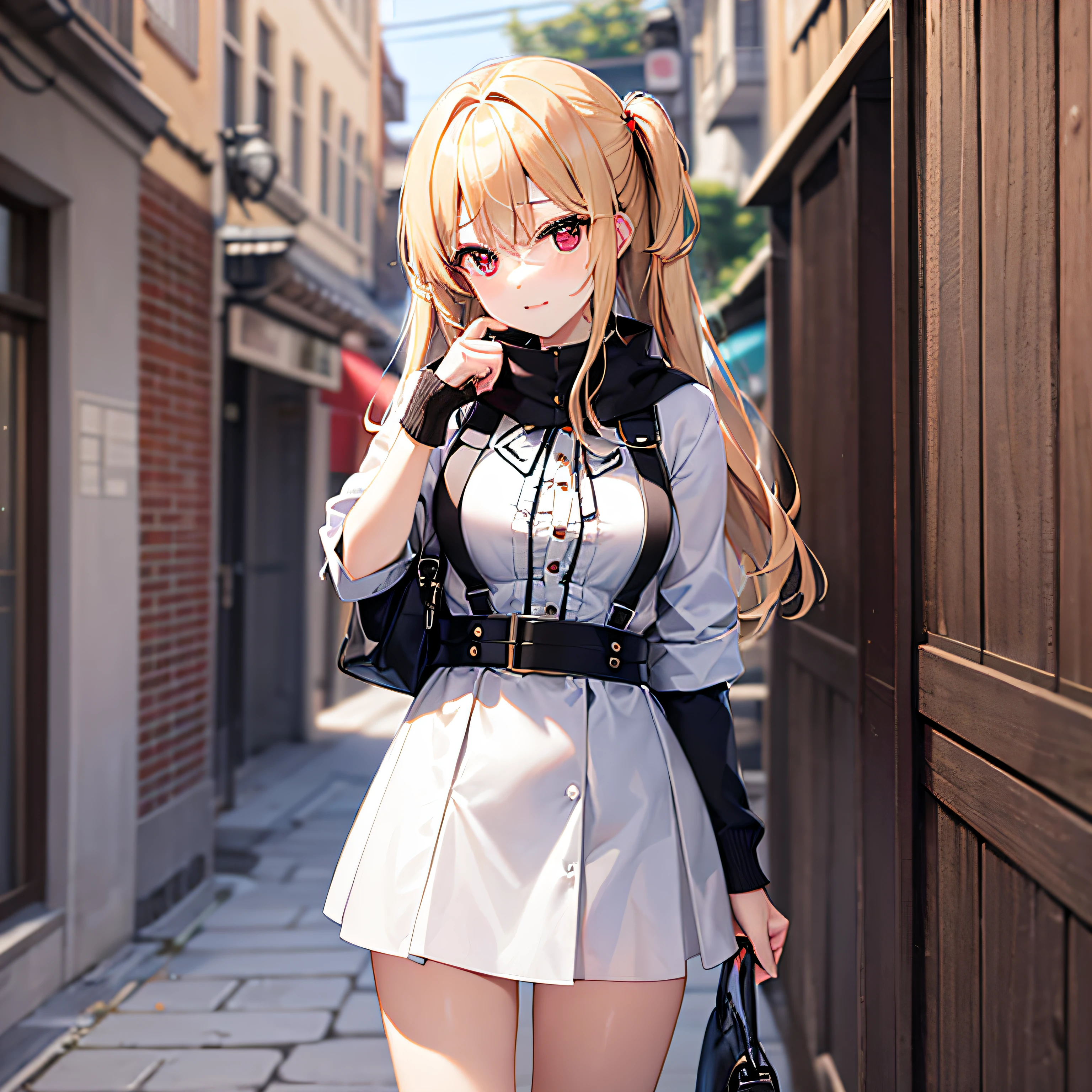 One blonde girl、red eyes、high-necked、A miniskirt