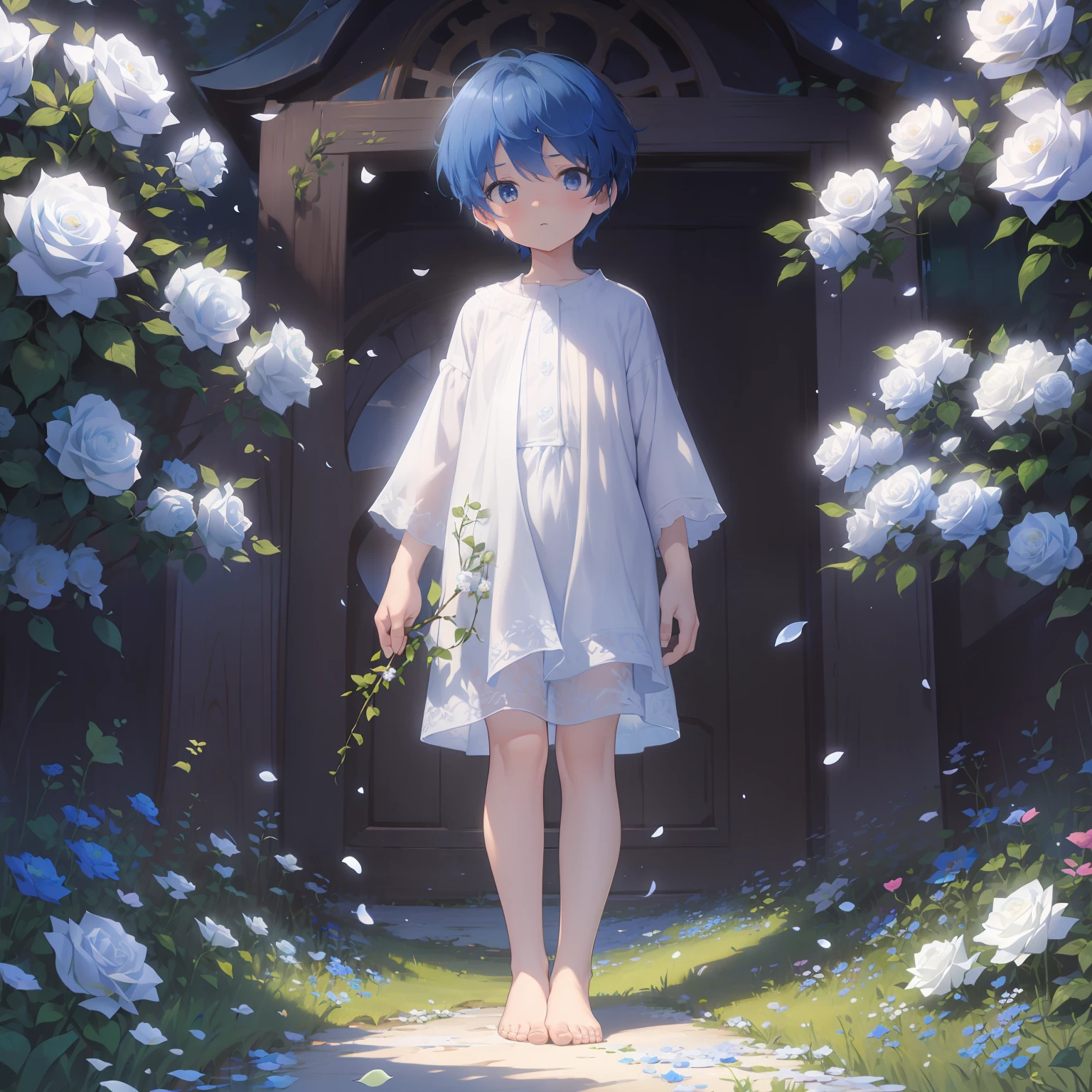 (4K), little boy with blue hair and barefoot and white clothes, He stands in a field of flowers and oils his feet, which is covered with white roses, und betet, Regentag, Nebel Licht, Impressionismus, 2D, (Dornen: 1.1), (toter Baum: 1.1) Focused on feet,