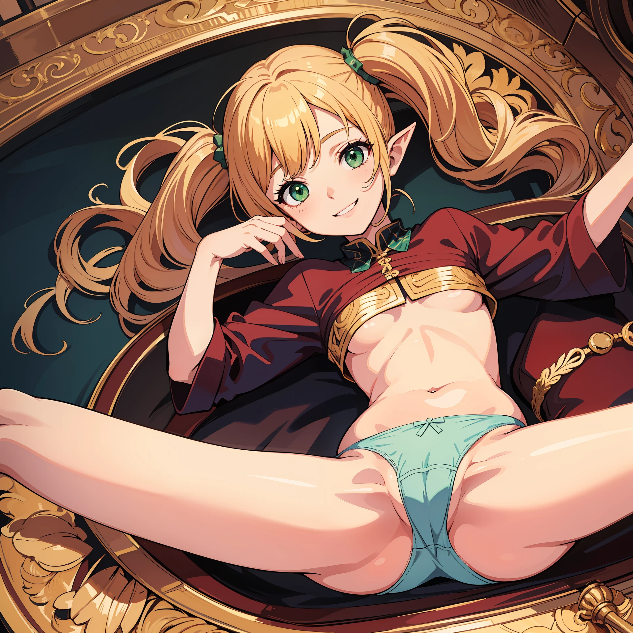 absurdres, best quality, masterpiece, 1girl, spread legs, twin tails, smile, ((hand in panties)), detailed body, detailed skin, green eyes, small body, pointy ears, golden hair, high quality high definition, nsfw:1.5,