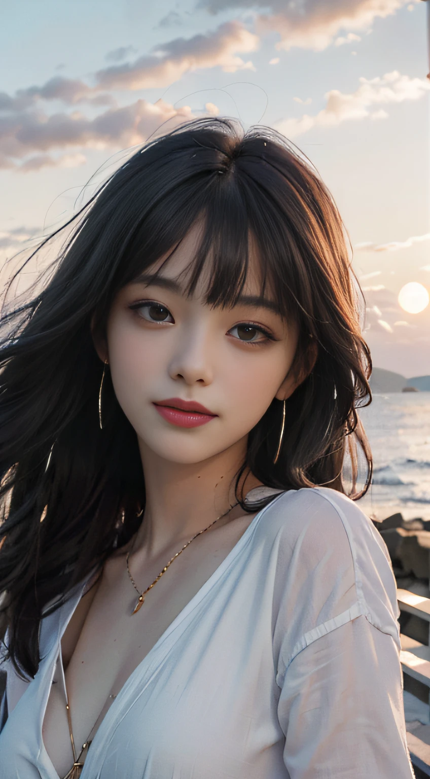 (((Masterpiece: 1.5, Best quality: 1.2, high resolution, Super resolution, Ultra detailed: 1.3, Rich background: 1.4))), (Close up), (1girll), Solo, Silver eyes, long black hair tied with blue ribbon, hair adornments, Blunt bangs, Smiling, 26 year old girl, Medium chest,, Great， tmasterpiece， hyper qualit， Kizi， （Beautiful Face 1.4）， long whitr hair， By the sea at dusk，The wind blows hair，