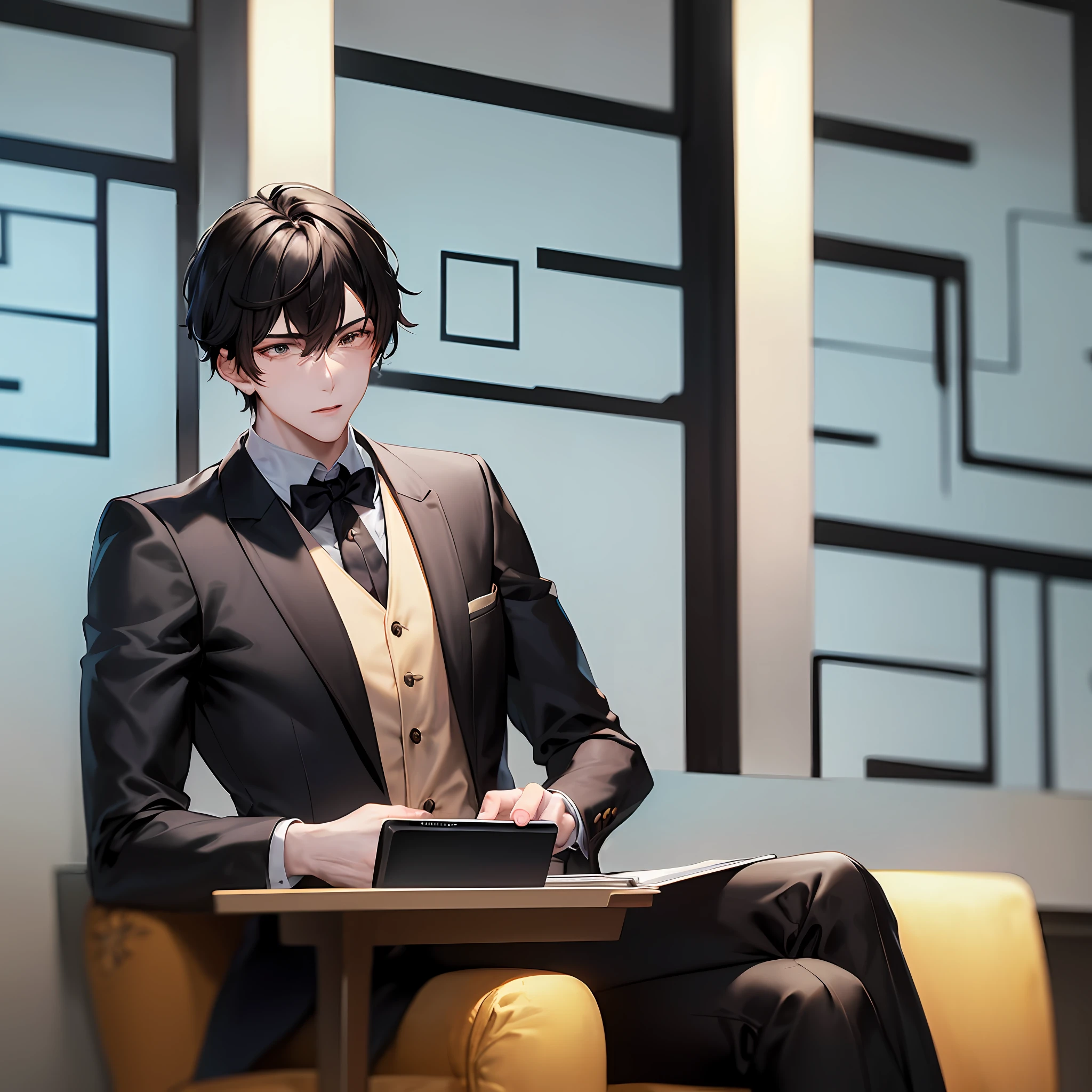 A handsome male god in his twenties，Wear a suit，Sit in a bright office，Do a live stream，There was an electronic screen behind him，It is written on the screen《Tear down the walls in your mind》，The picture is elegant and stylish