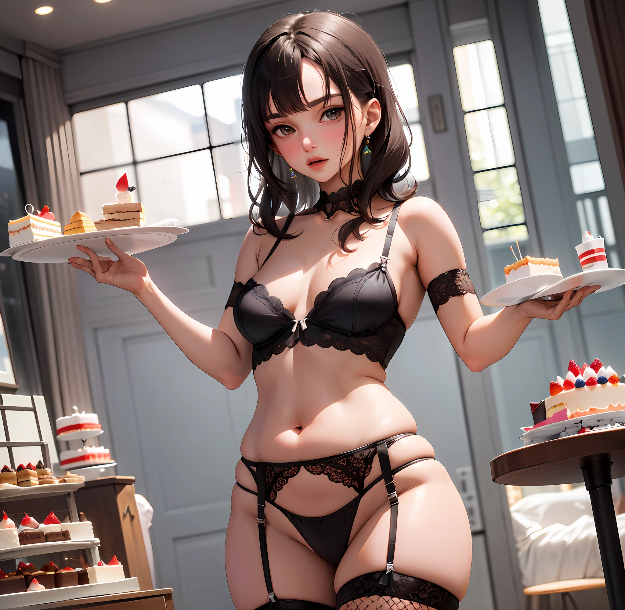 1girl, solo, anime, (small breasts), (natalie portman), [chubby|obese|flabby], [belly overhang,stomach bulge], thick thighs, in a sexy transparent lingerie, garter belt with fishnet stockings, squashing a cake in her hands, wide hips, slob, watching Tv, crumbs