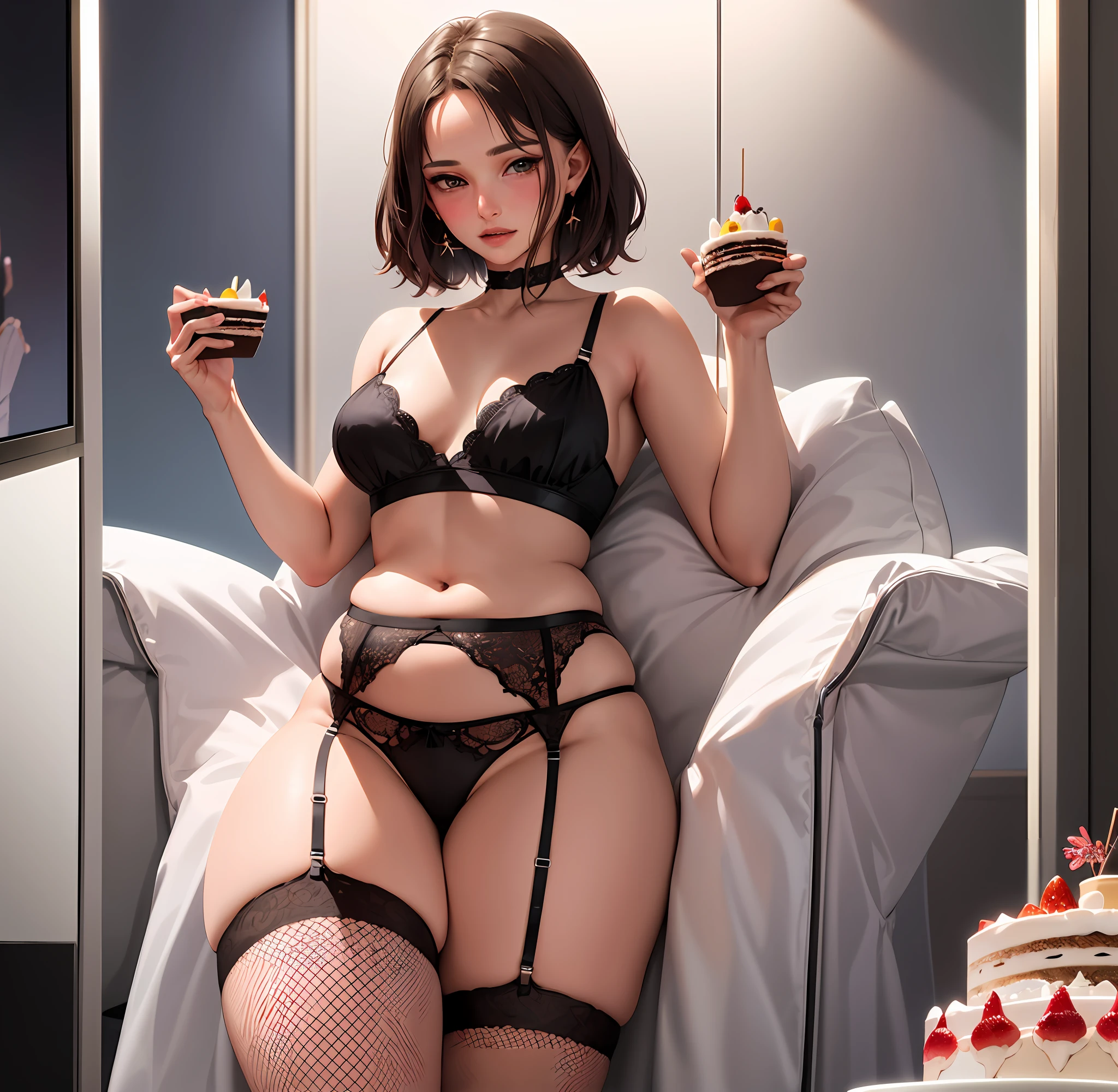 1girl, solo, anime, (small breasts), (natalie portman), [chubby|obese|flabby], [belly overhang,stomach bulge], thick thighs, in a sexy transparent lingerie, garter belt with fishnet stockings, squashing a cake in her hands, wide hips, slob, watching Tv, crumbs