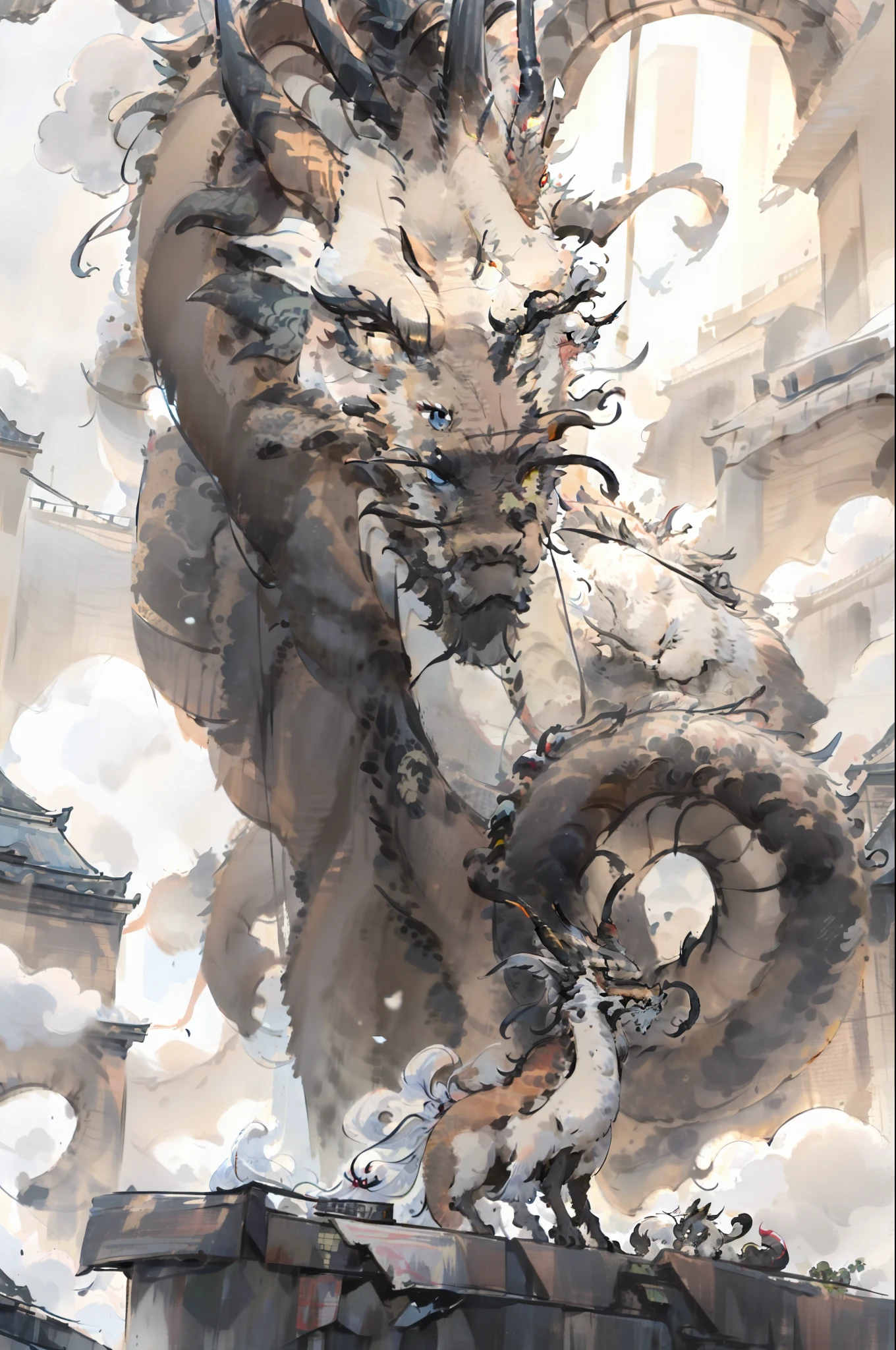 chinesedragon， drak， letterbox， halter， exteriors， The bird， standing on your feet， ​​clouds， 1boys， arma， from back， Skysky， mostly cloudy sky， Critters， holdingweapon， a Oriental Dragons， Ogre， 1other， bucket-hat， Mist，dragon claw，Traditional chinese painting