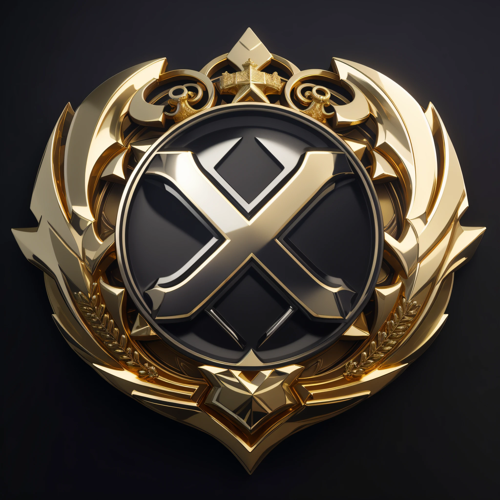 Close up of gold badge on black background, sharp metal crest, rendered in keyshot, hyperrealistic image of x, award winning on artstation, shield emblem, cgsociety award, awarded on cgsociety, cgsociety award, as seen on artstation, cgsociety 8k, cgsociety 8 k, cgsociety 8k, designed in blender