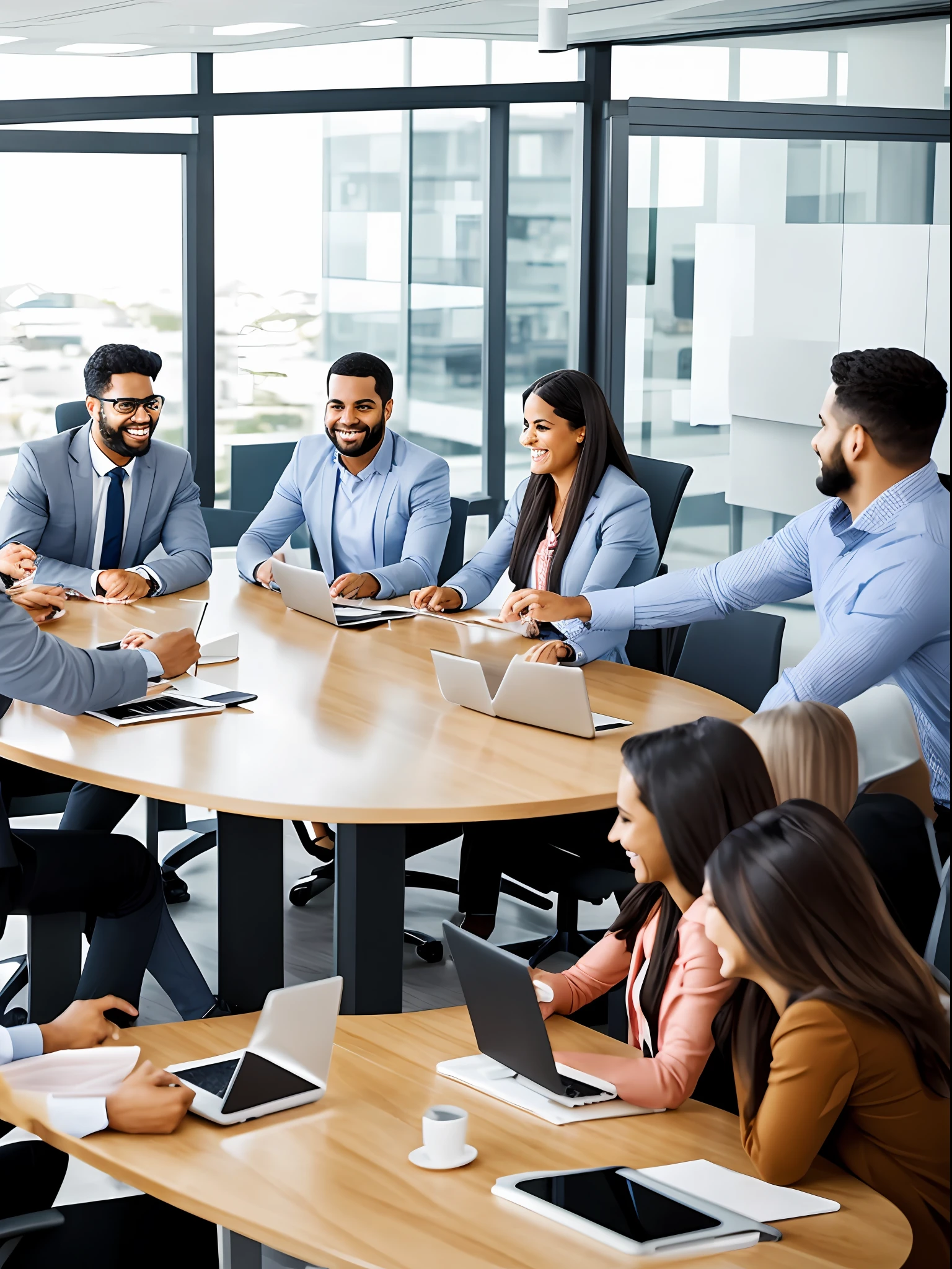 working meeting, office table, pessoas sorridentes, pleasant environment, chefe, hiper-realista, Business, trabalho --auto