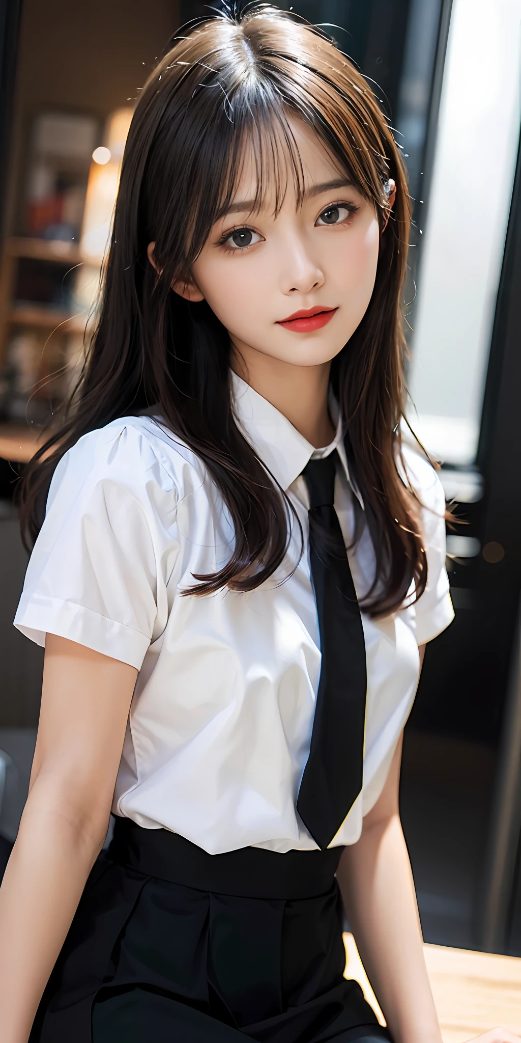 (RAW photos:1.2),high high quality,beautiful details girl,ssmile,Highly detailed eyes and face,beatiful detailed eyes,A high resolution,A high resolution,8k wallpaper,finely detailled,Highly detailed stock code uniform 8k wallpaper,light in face,cinmatic lighting,16 year old girl,pleatedskirt,(photo-realism:1.4),illustratio,ultra-realistic realism, seen from the front,super detailing,tmasterpiece,photographrealistic