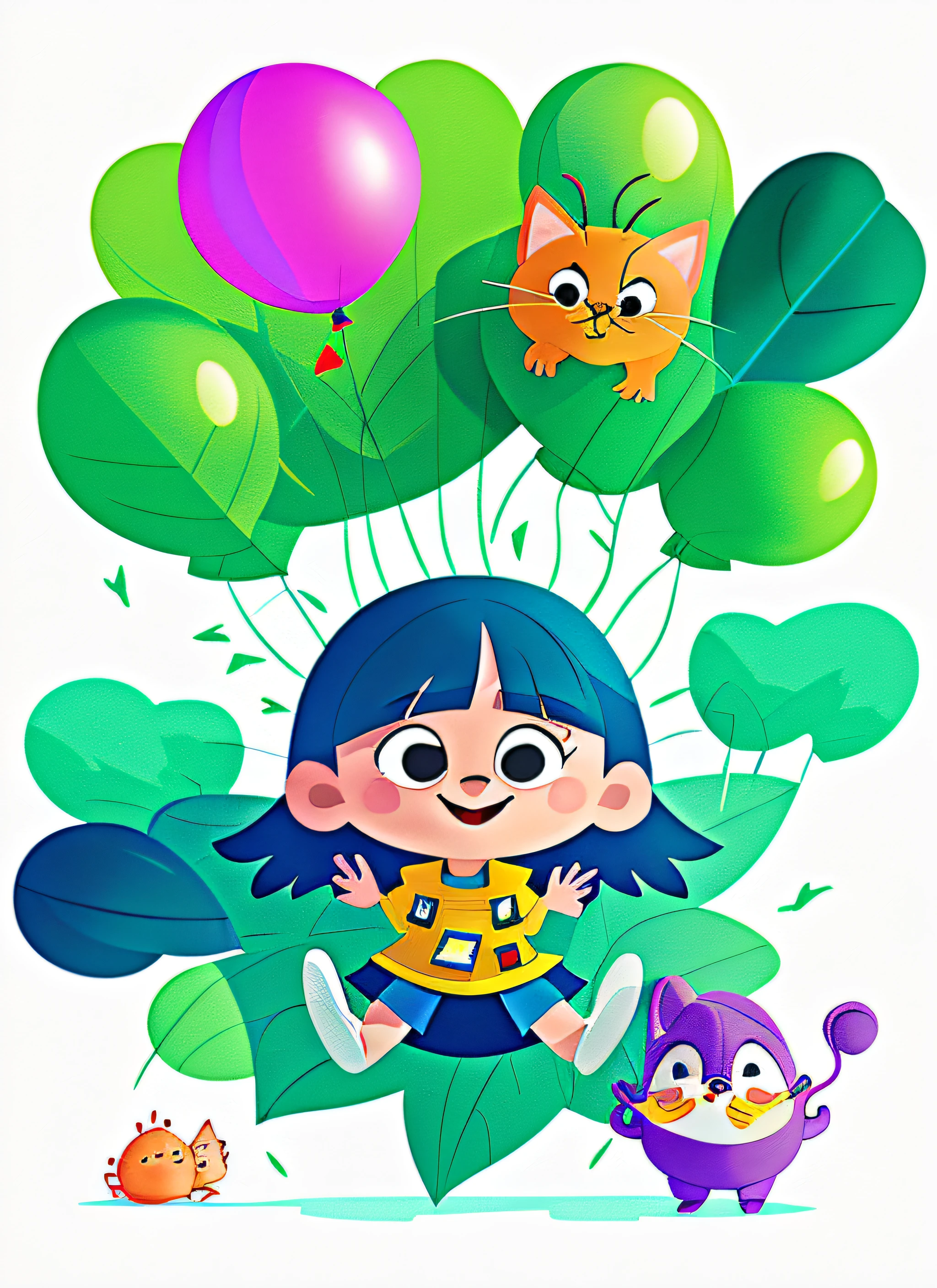 menina de 6 anos, inside a balloon, com um (gato) colorido fofa, com ((cabelo verde)), (((Pulando))) cartoon, disney fundo branco,pulando fundo branco, com um, gato.