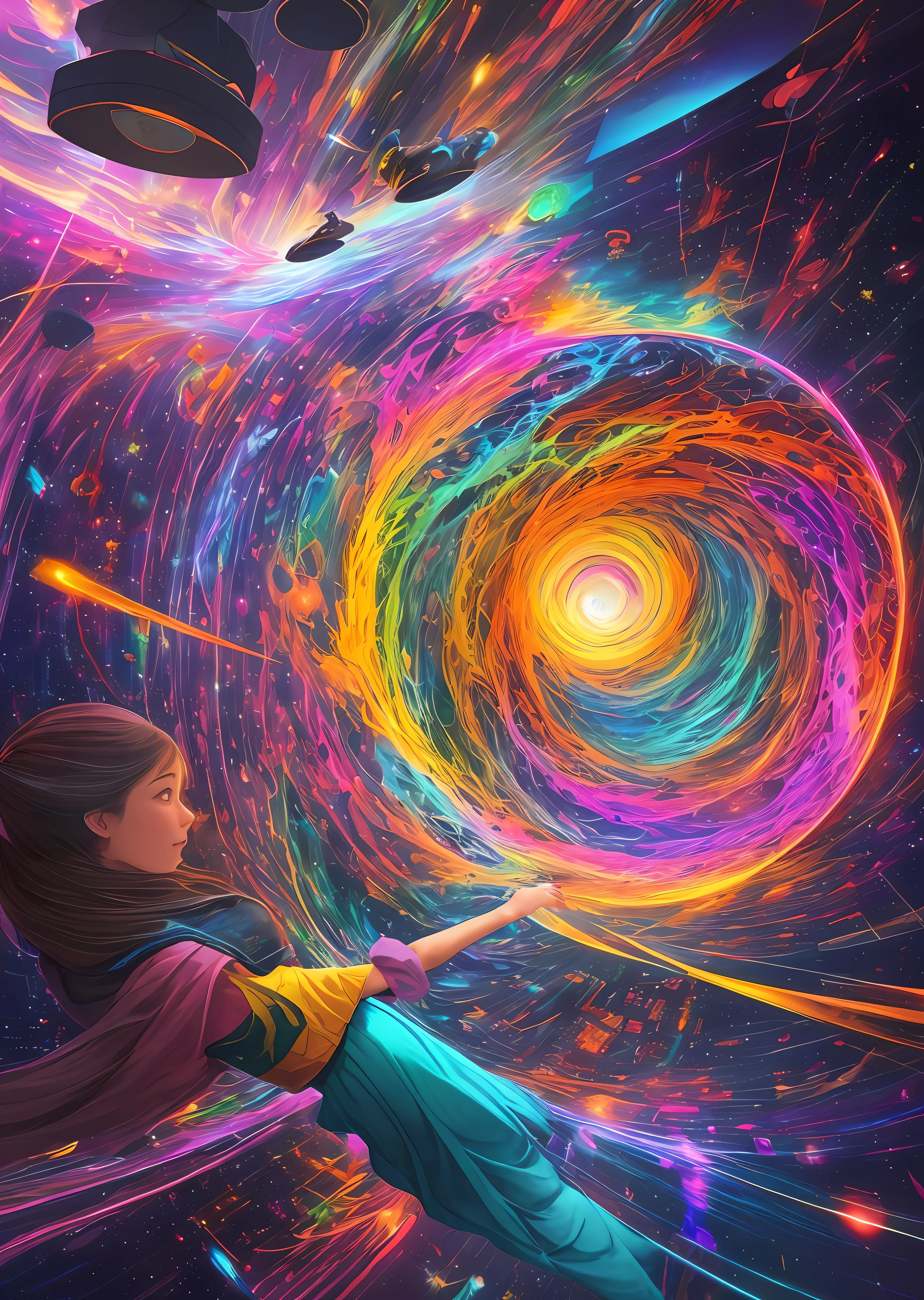 Imagine a mesmerizing artwork that depicts a fantastical realm existing in a five-dimensional space, where gravity, time, and perception transcend conventional boundaries. Let your creativity soar as you bring this extraordinary world to life.