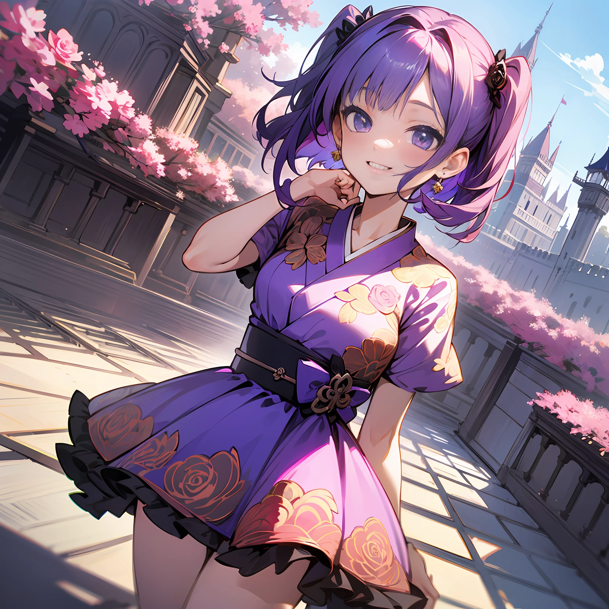 4K Beauty Purple Dress with Rose Motif Short Bob Hair Blow Wind Active Pose Amazing Angle Japan  Smile Twin Tail Hair Castle