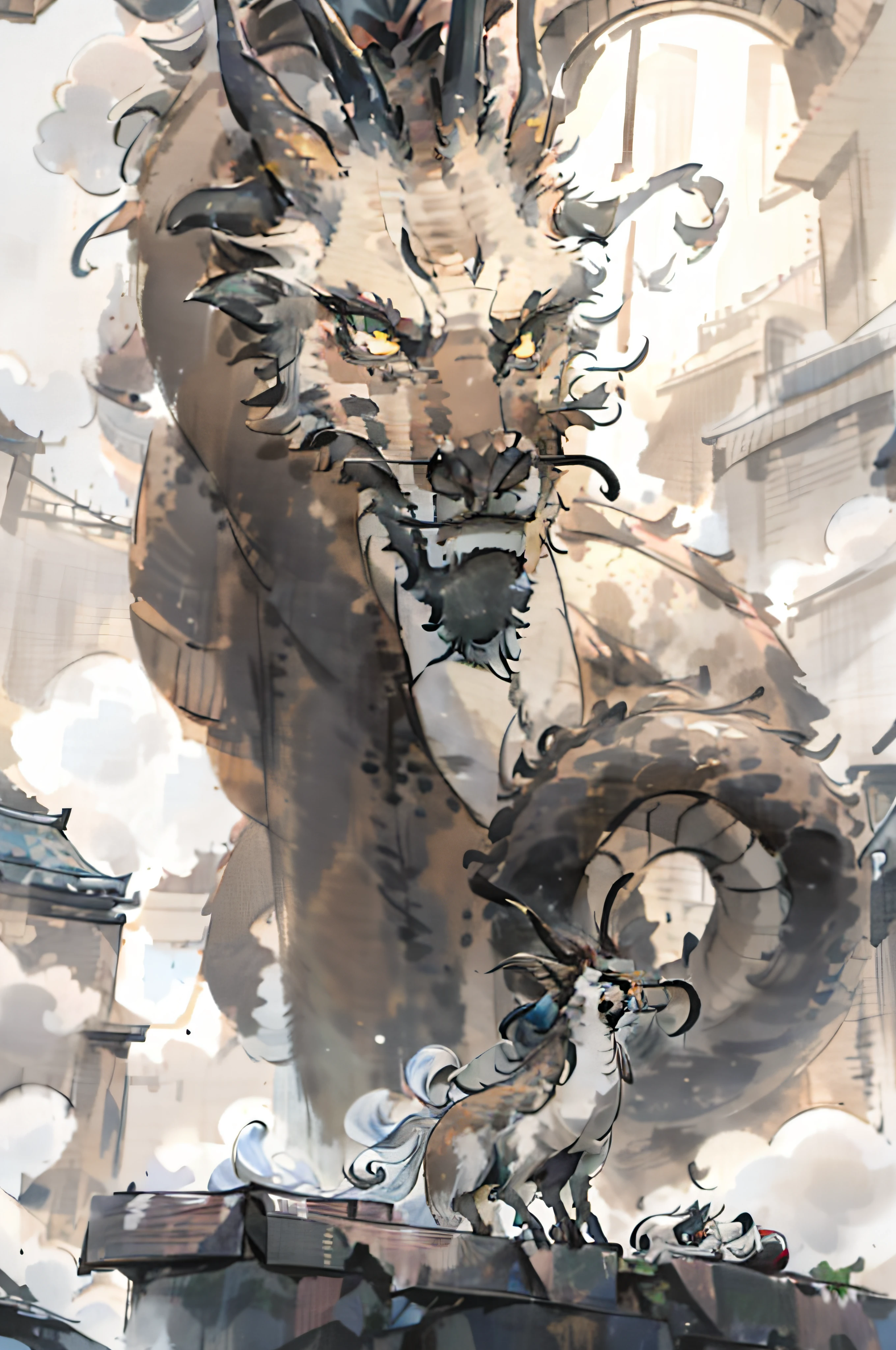 chinesedragon， drak， letterbox， halter， exteriors， The bird， standing on your feet， ​​clouds， 1boys， arma， from back， Skysky， mostly cloudy sky， Critters， holdingweapon， a Oriental Dragons， Ogre， 1other， bucket-hat， Mist，dragon claw，Traditional chinese painting