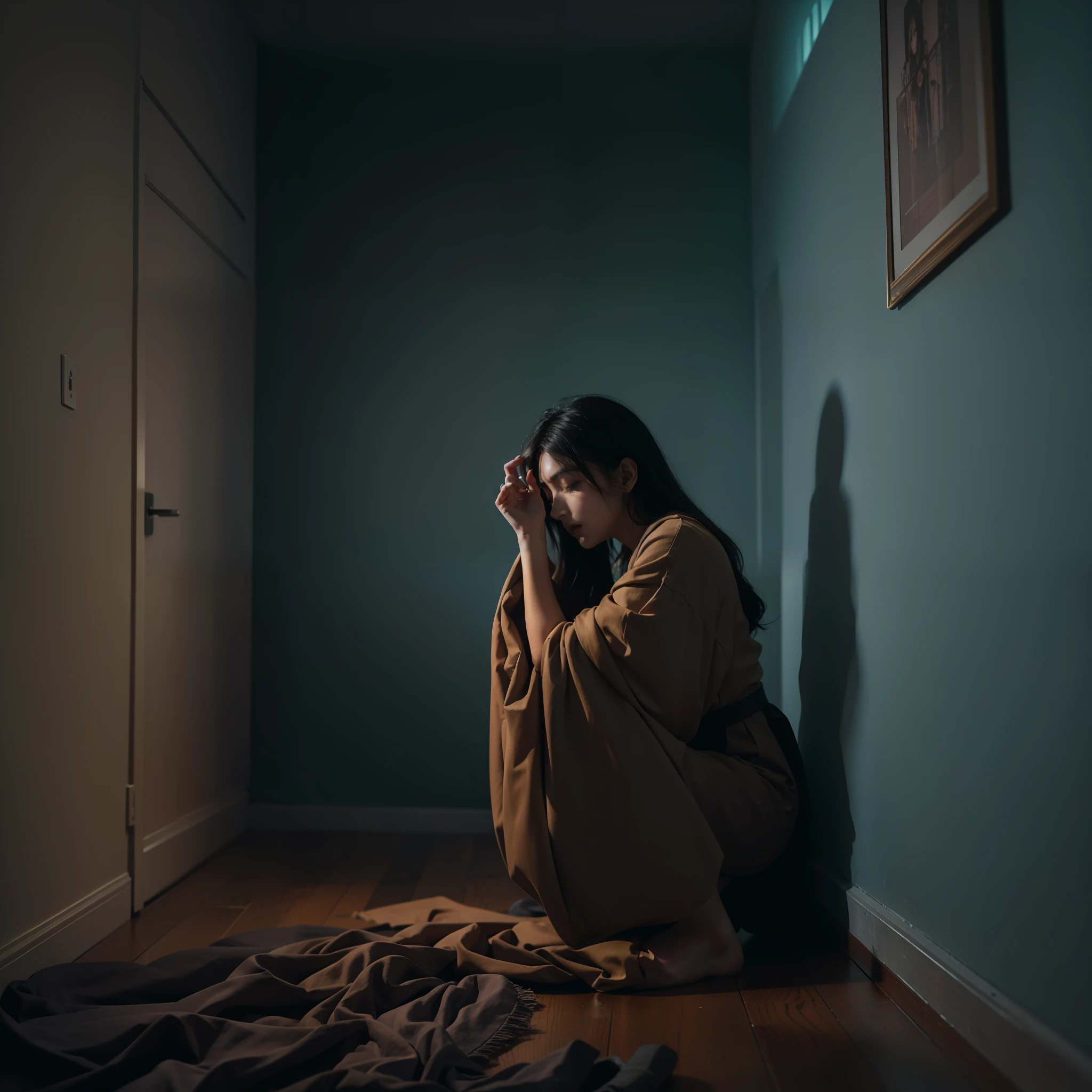 (A terrified woman closing her eyes with a cloth while crouching in the corner of a room), (woman, terrified, cloth, crouching, corner, room, ultra-wide shot, night time,Perfect coloring backgrounds, Epic Cinematic Backgrounds, full body, highly detailed, Perfect composition, optimization colors Palette, color blasting, illuminated lighting blasting, proportions sharpness and shades, illuminated nature lighting, optimization dark and Bright color combinations, perfectly Thin and bold line combination, optimization color effects, masterpiece, dark, best quality, 4k, sharp focus, perfect anatomy, centered.)