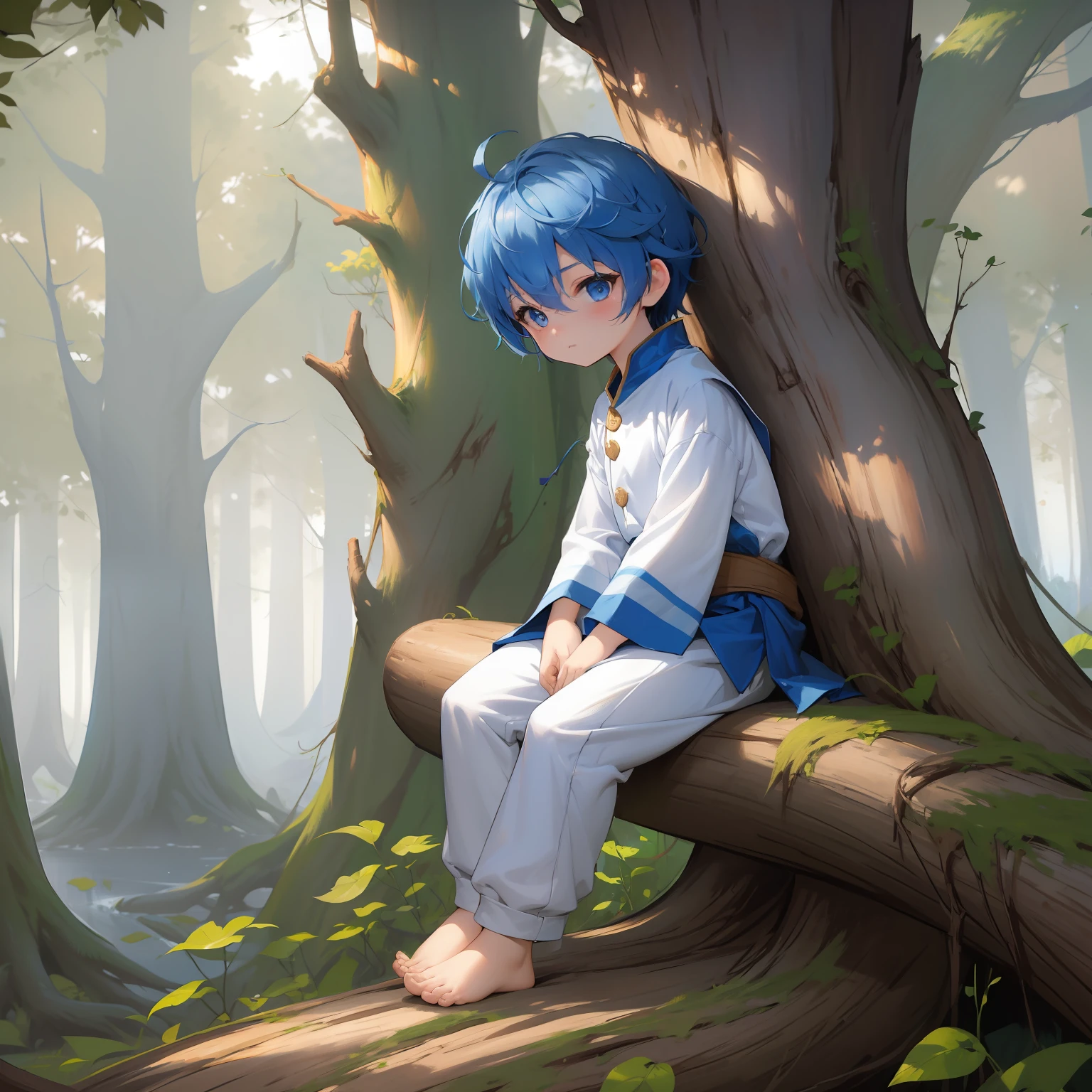 4K), with blue hair and barefoot and white clothes, He sits on a tree trunk and oils his feet, und betet, Regentag, Nebel Licht, Impressionismus, 2D, (Dornen: 1.1), (toter Baum: 1.1) Focused on the feet,