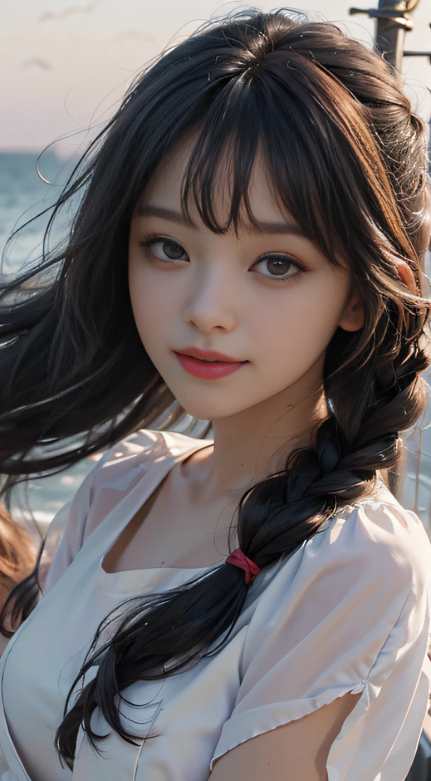 (((Masterpiece: 1.5, Best quality: 1.2, high resolution, Super resolution, Ultra detailed: 1.3, Rich background: 1.4))), (Close up), (1girll), Solo, Silver eyes, long black hair tied with blue ribbon, hair adornments, Blunt bangs, Smiling, 26 year old girl, Medium chest,, Great， tmasterpiece， hyper qualit， Kizi， （Beautiful Face 1.4）， long whitr hair， By the sea at dusk，The wind blows hair，