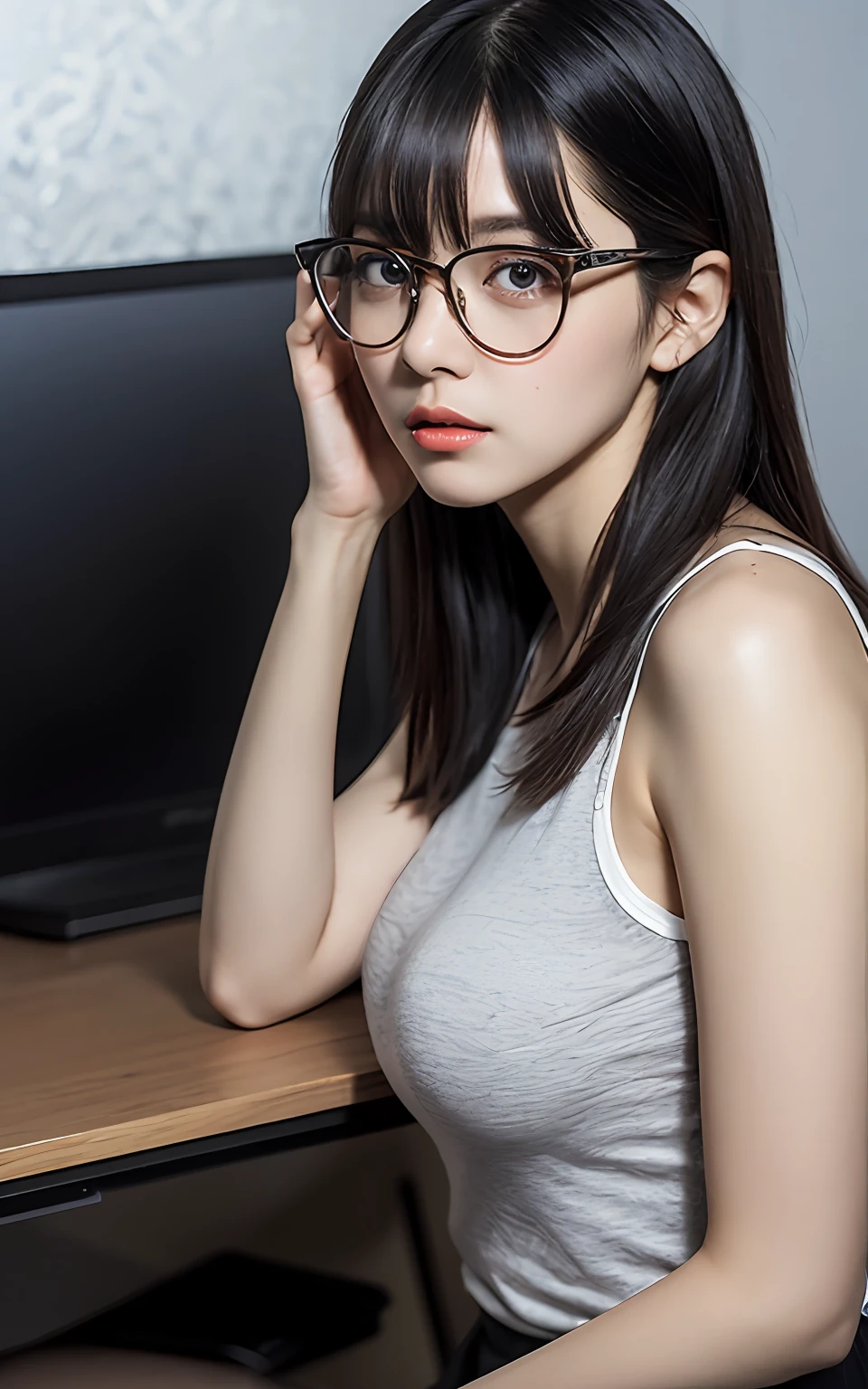 extremely detailed CG unity 8k wallpaper, best quality, ultra-detailed, masterpiece, realistic, photo realistic, extremely detailed cute girl, 25years old, (office lady),  (glasses) , blush, round eyes, medium breasts, viewer, parted lips ,office ,  computer desk, sitting, (showing  panties)   ,half body shot ,  parted bangs