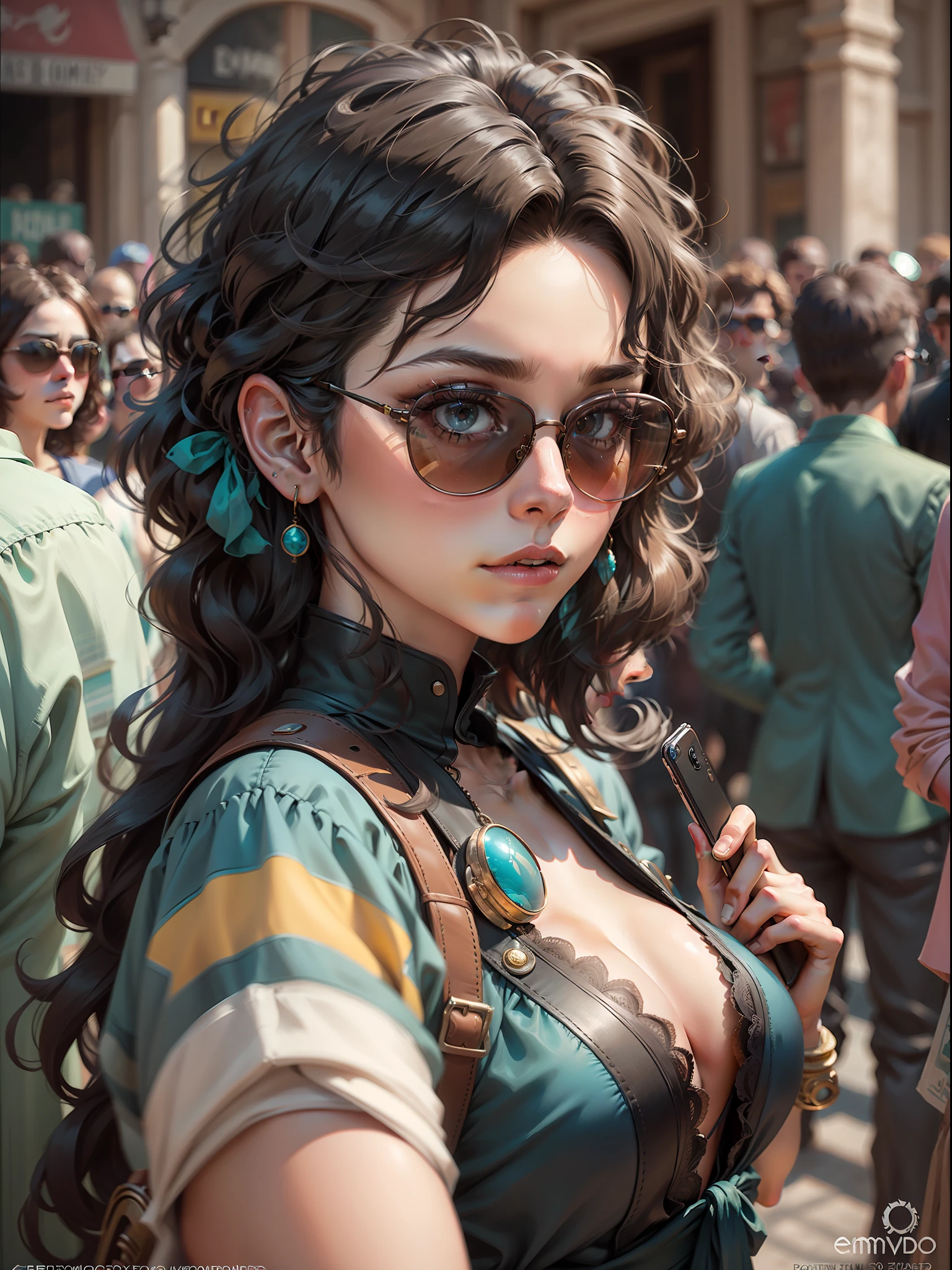 20, woman , black curly, sunglasses, selfie in a crowd, in the style of lomography, bronze and azure, edmondo senatore, LOMO