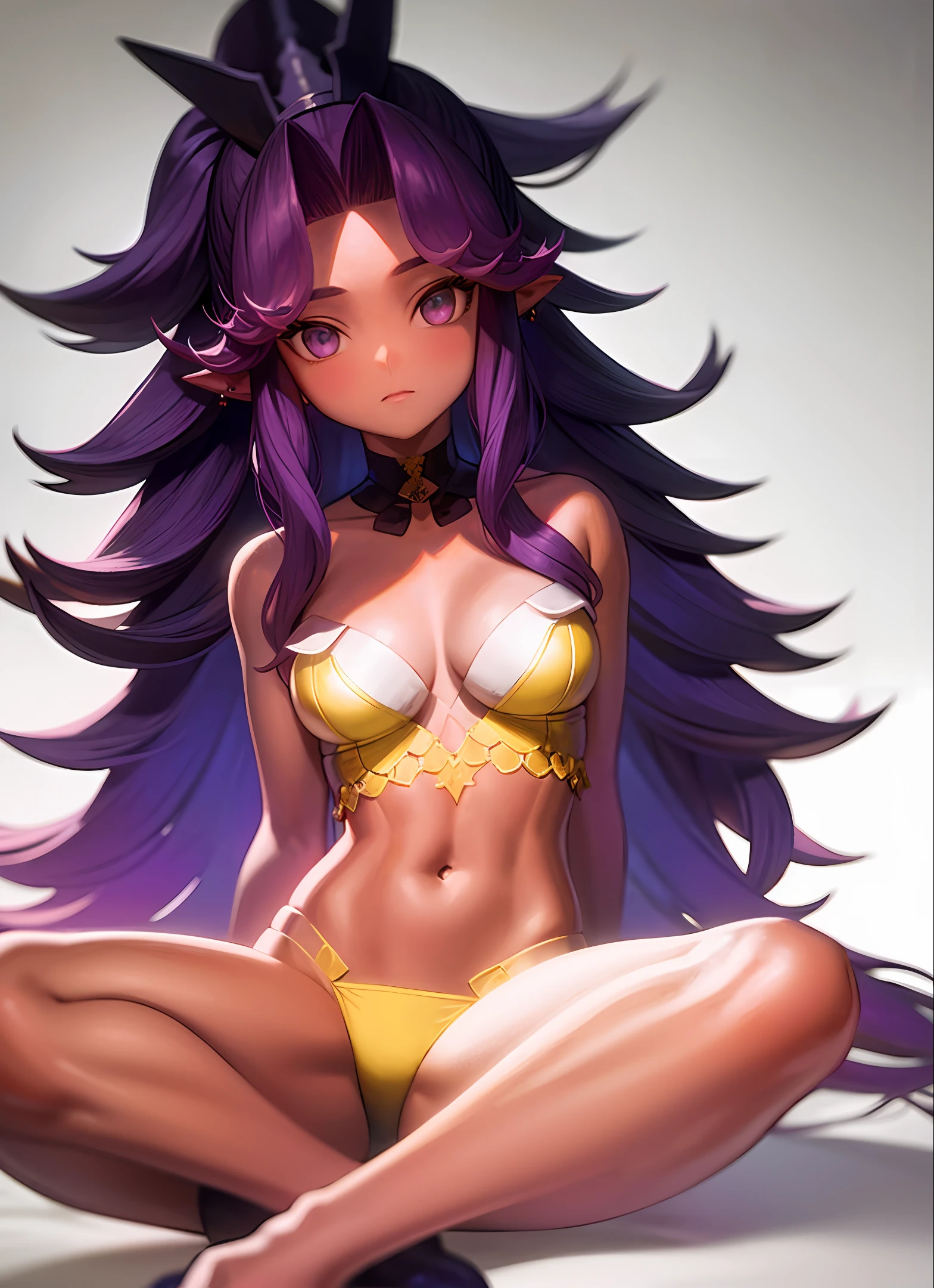 Anime,girl dark-skinned,black hair,purple eyes,breasts medium