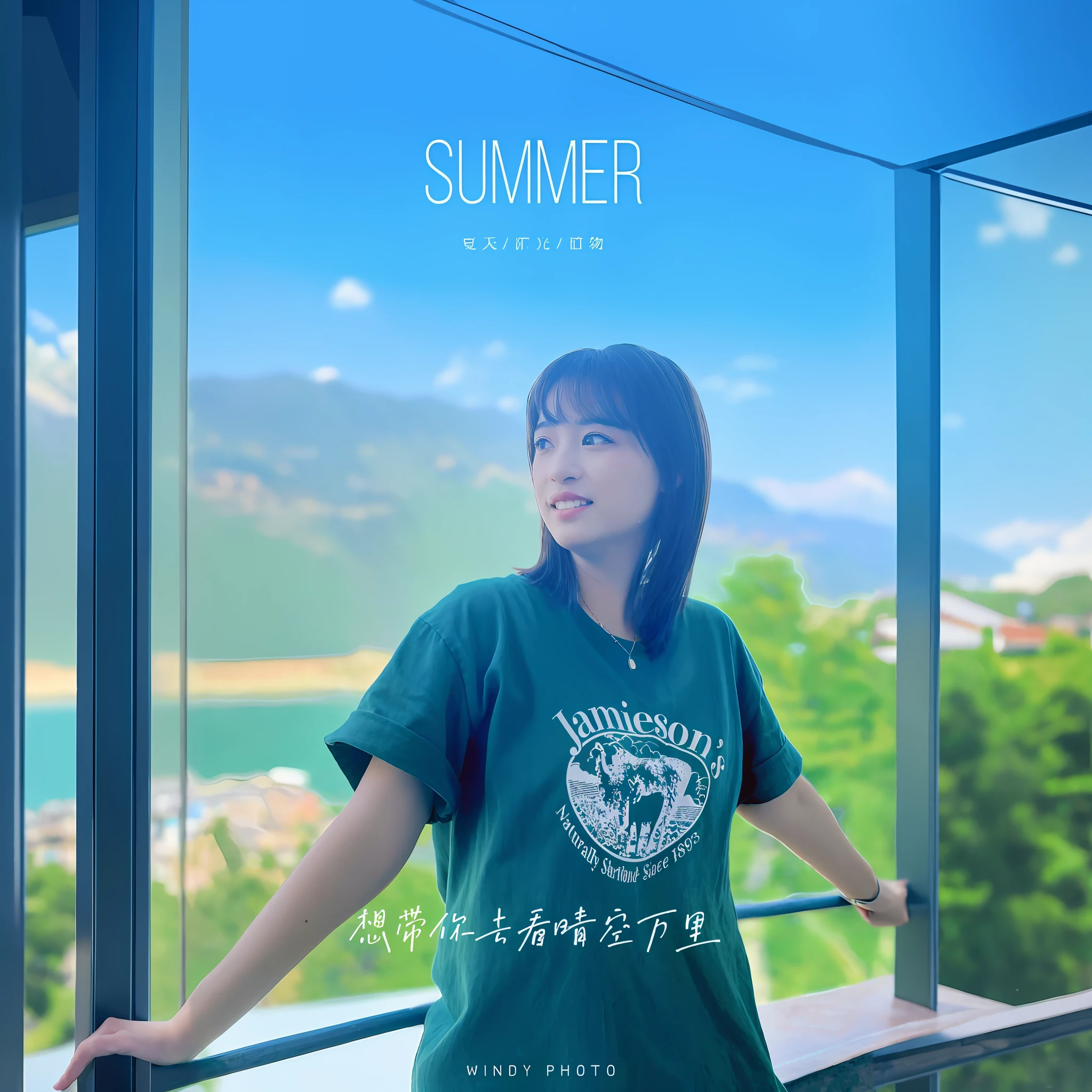 An image of Arafad standing on a balcony enjoying lake views, poster for ; Summer, Summer, summer day, On a summer night, in summer, summertime, Official product image, jinyiwei, Summer sky, Official, Official artwork, Middle metaverse, summer morning, Summer time, Summer evening, Magical summer, Chiho Aoshima