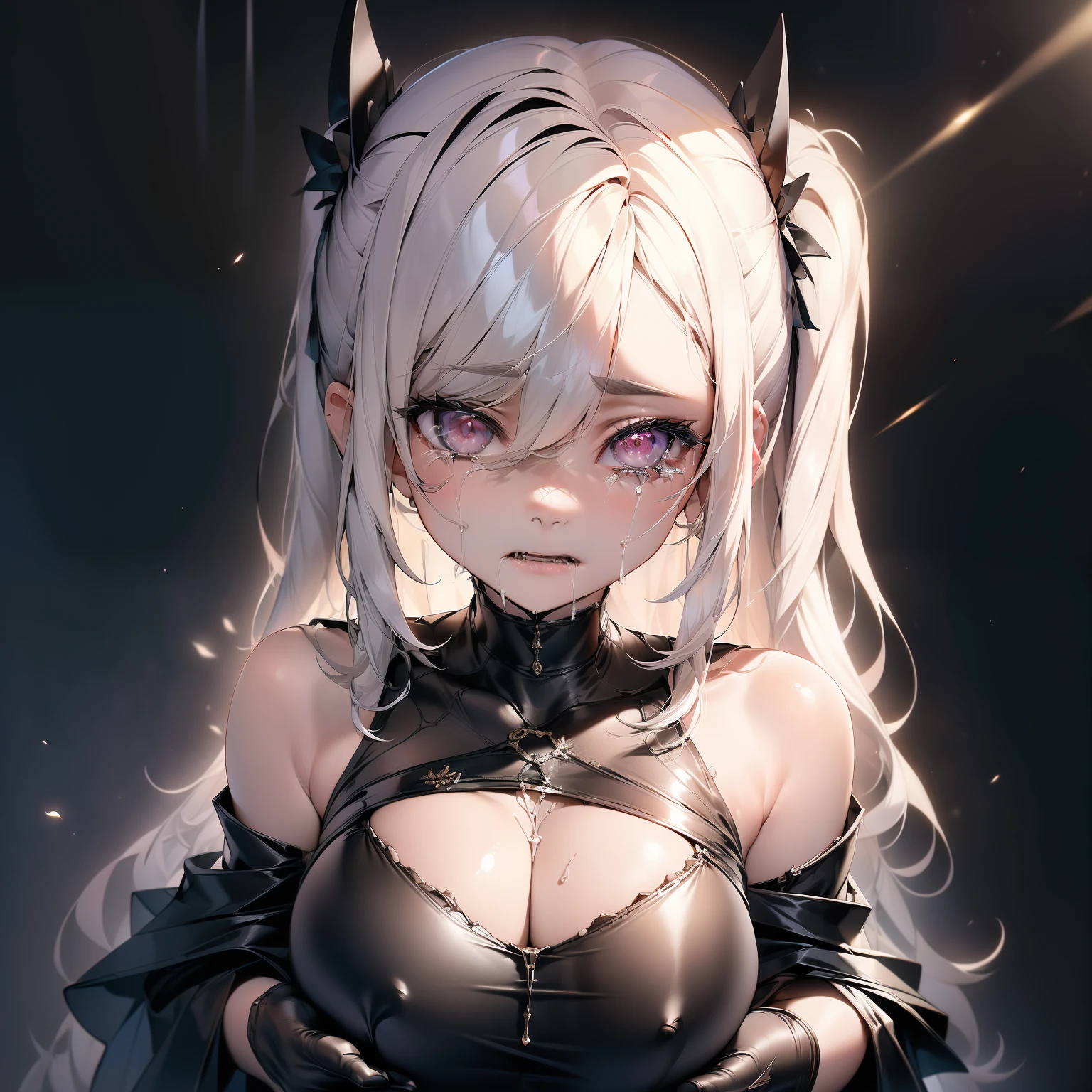 (Hyper-realistic) , (illustratio), (Increase the resolution), (8K), (extremely detaile), (Most Best Illustration), (美丽细致的眼睛), (best qualtiy), (ultra - detailed), (tmasterpiece), ( the wallpaper), (详细的脸), 独奏,1个Giant Breast Girl, looking at viewert, exquisite detailing, 详细的脸, in the darkness nigth, deep shading, low tune,pureerosfaceace_V1, long whitr hair,Black shawl straight hair,46 points oblique bangs,An expression full of despair and extreme fear,And cry loudly,Upper body focus,Face focus,teary,Wearing a tattered black robe