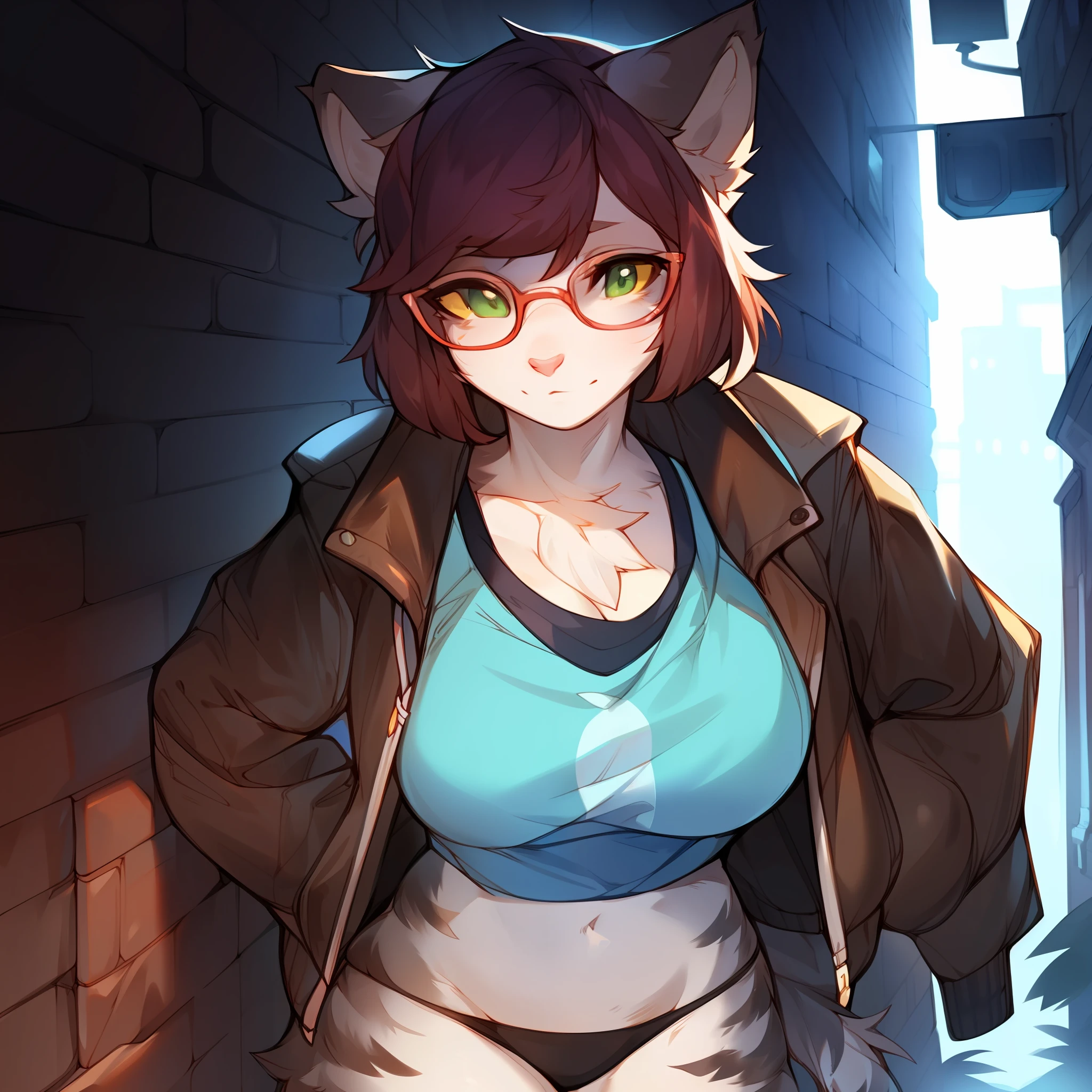 Solo, female, feline, cat, silver tabby, green eyes with yellow sclera, short dark maroon hair, alleyway, standing, snout, pink nose and pink inner ear, medium big breasts, ((red glasses)), (((by spuydjeks, by bebebebebe))), ((by spikedmauler)), thong, floss))), graphic tee shirt, shiny puffer jacket