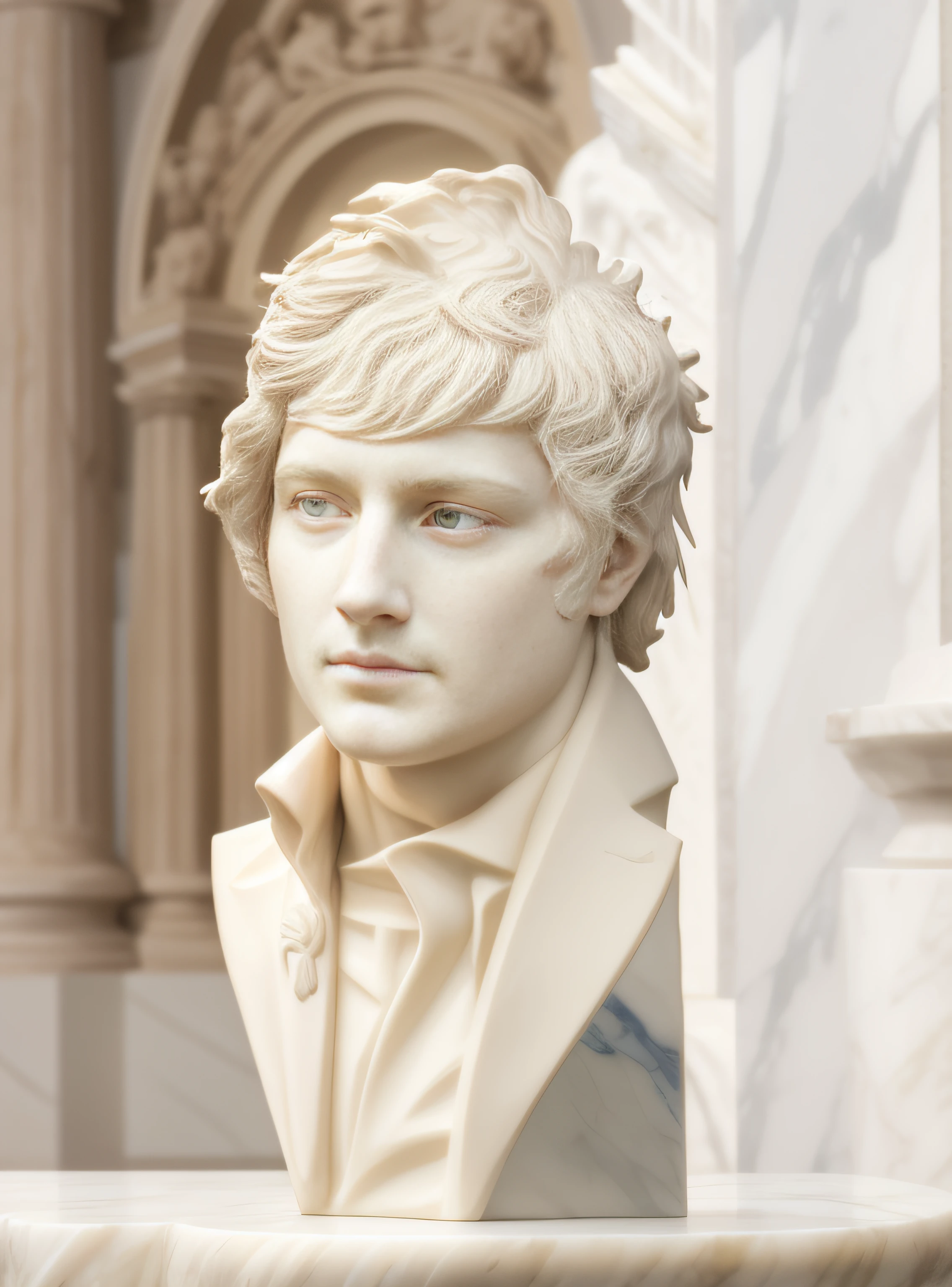 Busto arafed blanco de 1 hombre de cabello blanco, Classical antiquities, White marble bust, solo cabeza y busto, bustos blancos con un hermoso cuello, busto de retrato, Classical sculpture, Classical marble sculpture, Retrato de busto, Large bust, (((White Greek marble statue))), Tiro de busto, ((photorealistic)) realistic, luz proveniente de arriba, yeso, foto de estudio.