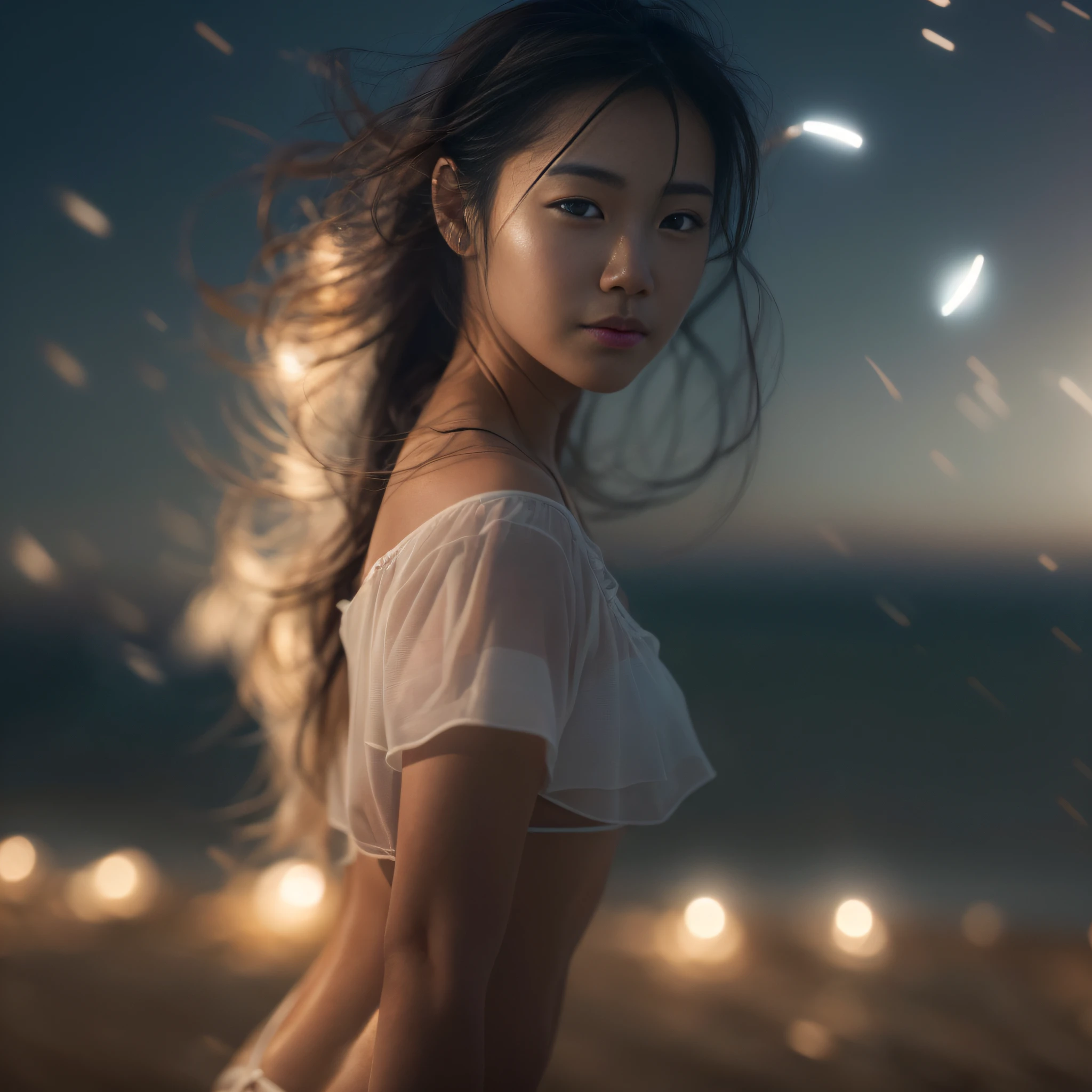 bloom, lens flare, (8k, RAW, professional, best quality, masterpiece:1.2), (realistic,photorealistic:1.37), ultra-detailed, (25mm portrait wide angle), (highest detailed skin:1.2), (highest detailed face:1.2), cinematic lighting, 1girl, Chinese, (windy), standing on the beach, night time, warm white light, look at the camera, bikini, polite smile