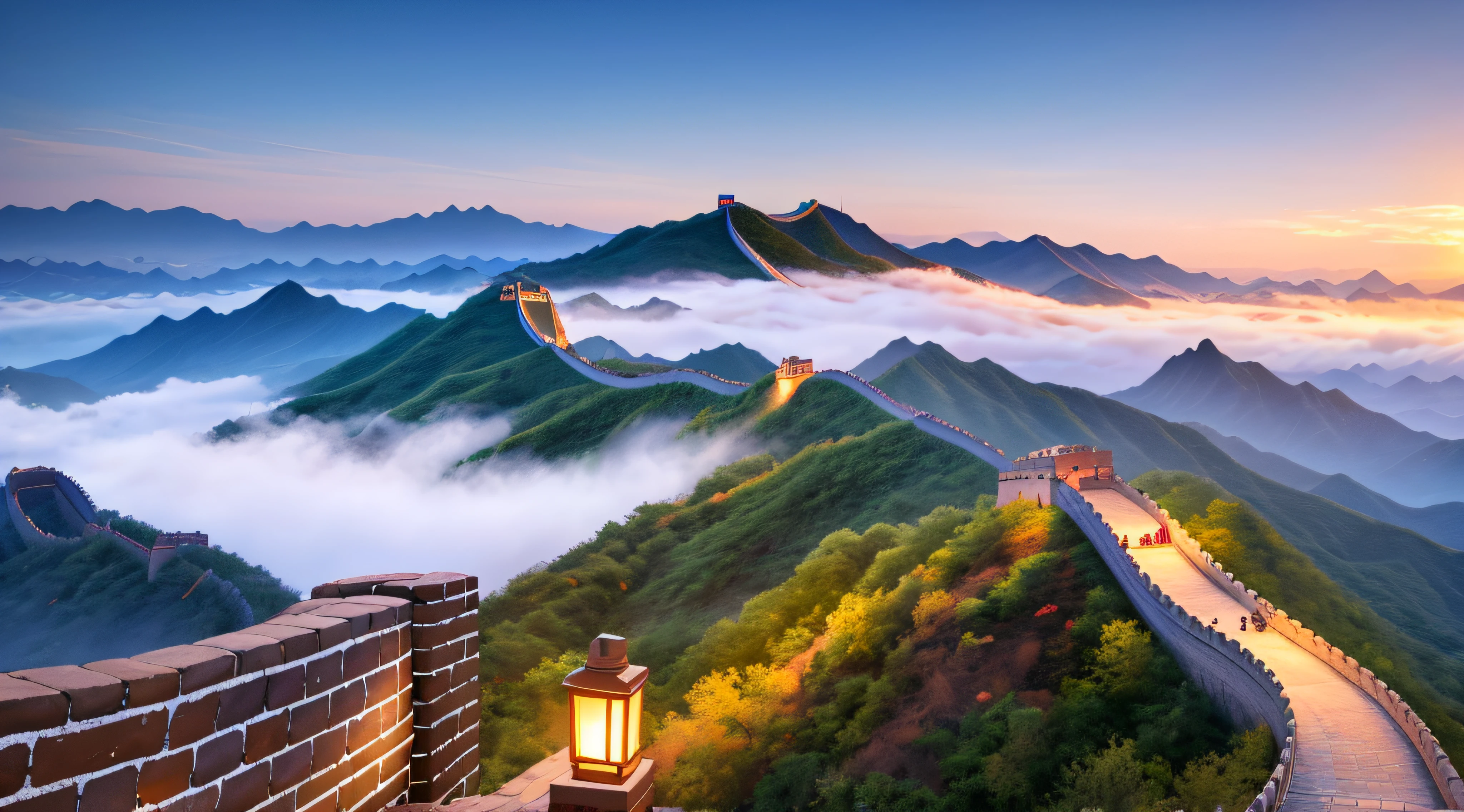 (Digital Painting), (Best Quality), Beijing, Majestic Great Wall, Cloudy Mist, Best Quality, Masterpiece, High Painting, Ink Bisim, Wuchang Shuo, Bonian, Zhenbanqiao, Badarshan Man, Mountain Horizon, River, Forest, Village, Sunset, Popular Deviant Art, Ultra-realistic 8K, Soft Colors, Soft Lighting, Golden Hour, Calm Atmosphere, Horizontal