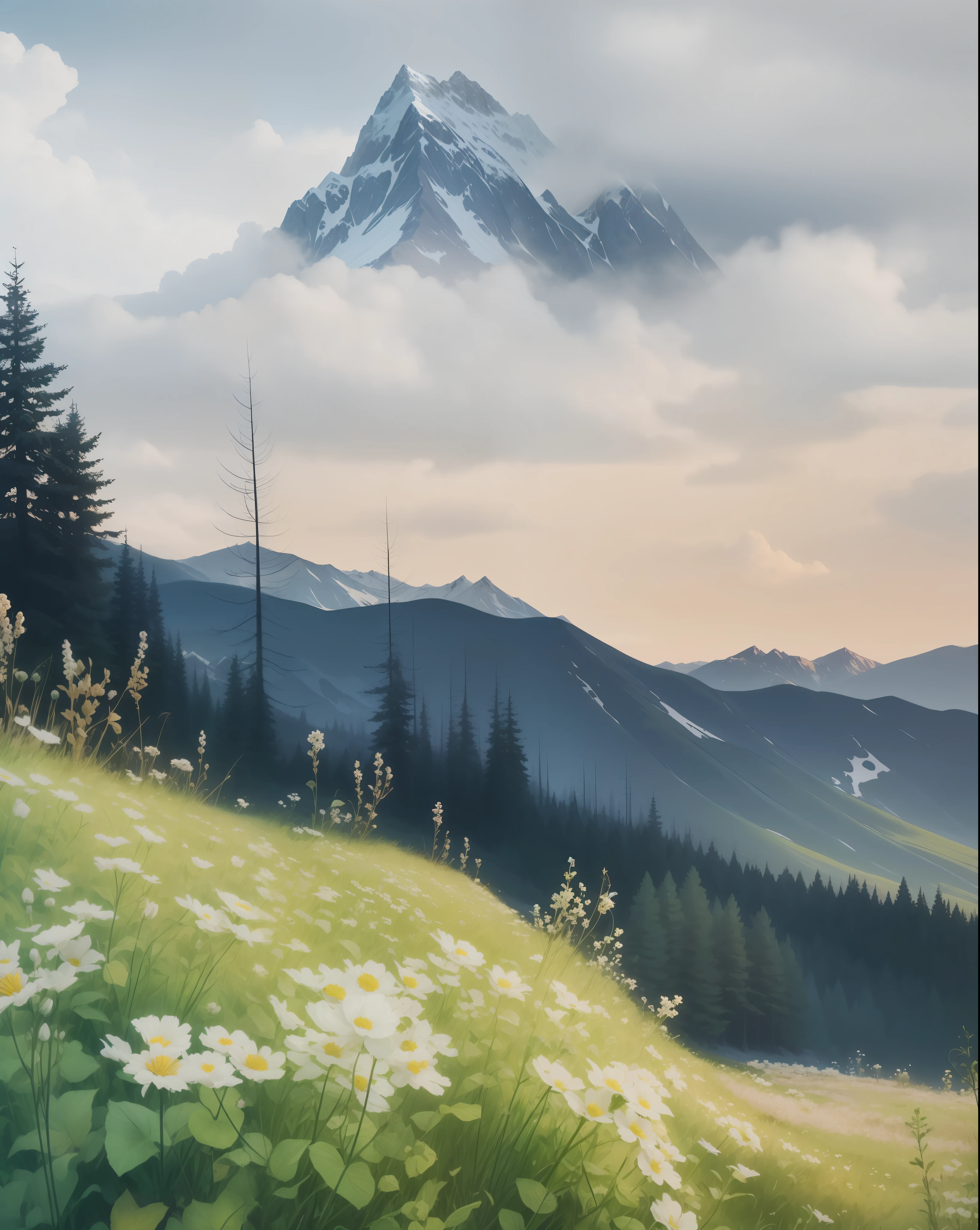 Perspective mountains, white flowers field, mix season, beautiful scenery, digital painting, 4k resolution, Artstation.