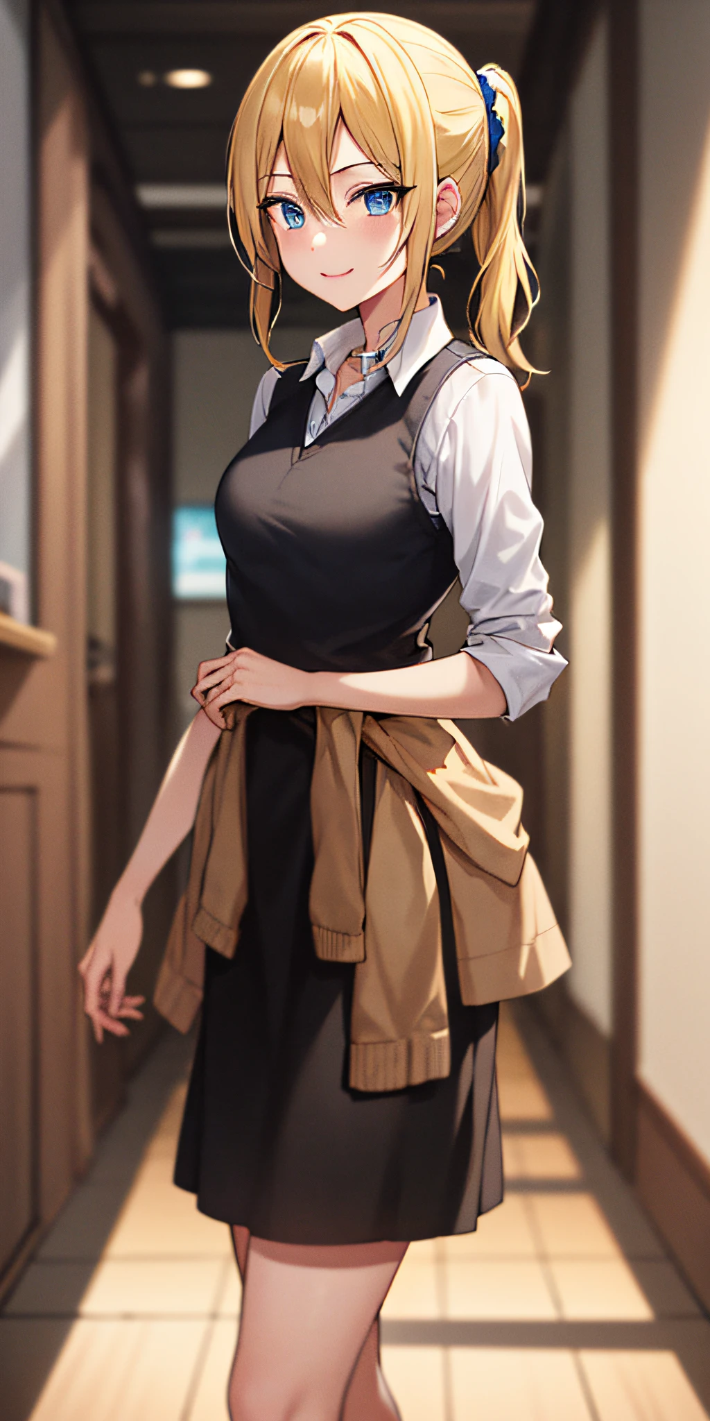 2d, masterpiece, best quality, anime, highly detailed, cowboy shot, 1girl, solo, hayasaka ai, blue eyes, blonde hair, black dress, white shirt, cardigan around waist, blue scrunchie, standing, indoors, hallway, smile