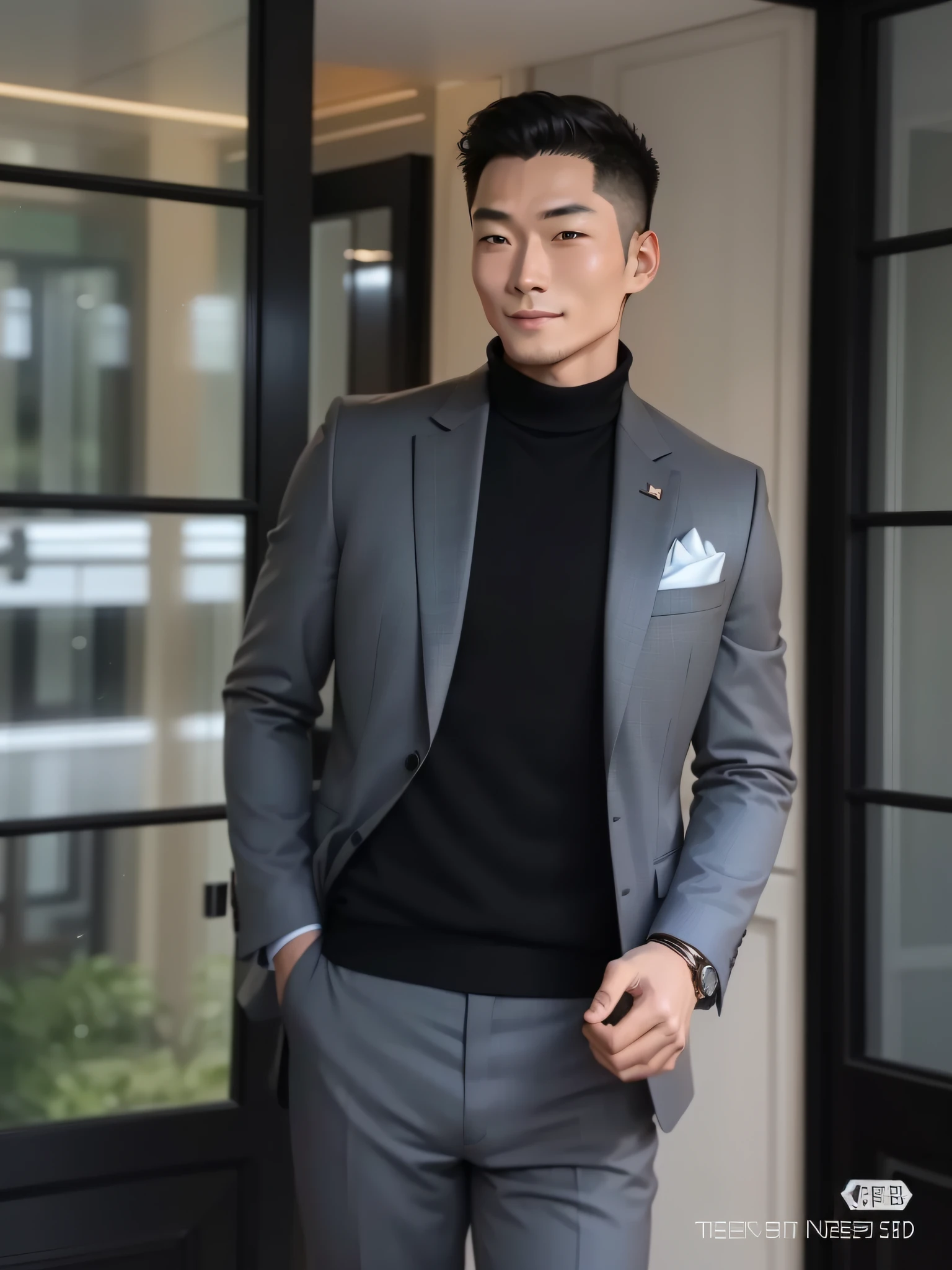 A Chinese man in a suit stands in front of a glass door, Ultra HD face，The temperament is elegant，Smile confidently，Personable，insight，The smile is natural and vivid，Ray-traced facial details，Standard ratio，wearing black grey suit, wearing dark grey suit, dressed in a suit, wearing a stylish men's suit, high quality suit, wearing fashion suit, Elegant suit, wearing causal black suits, wearing a turtleneck and jacket, dressed in a suit, stylish suit, grey suit, luxurious suit --auto
