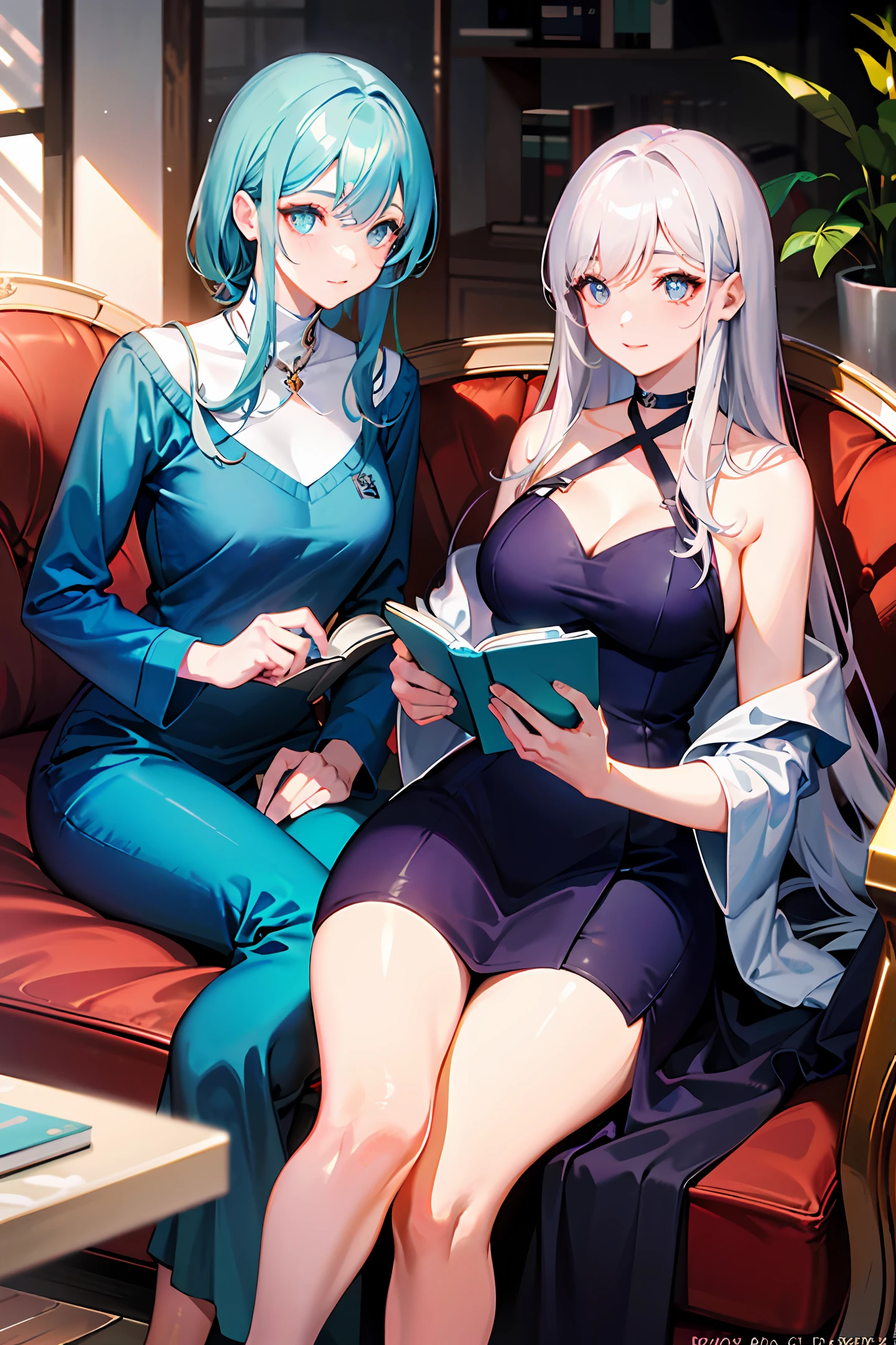 A lady of about 50 years old,Sit on the sofa and read a book,Drink tea while reading a book,There are two cats next to them,One is a silver gradation,One is a blue cat。Lovely and elegant style,tranquil ambiance