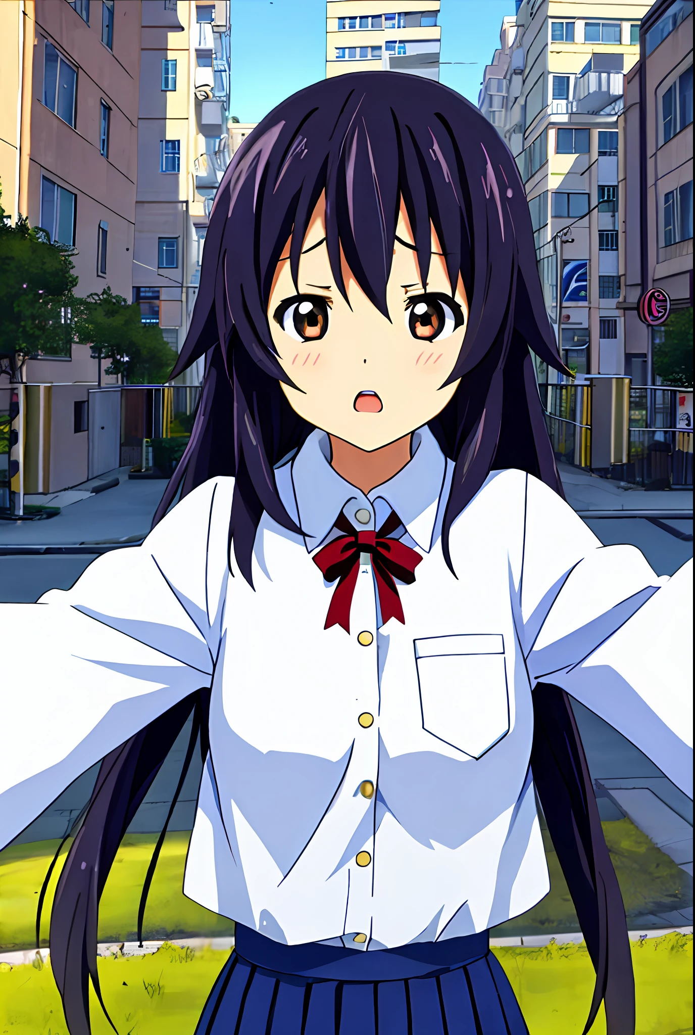 1girl, (((​masterpiece))), top-quality, top-quality, High Details, nakano azusa, 1girl, Sakuragaoka High School Uniform, musical instrument, student clothes, Twin-tailed, length hair, A dark-haired, brown-eyed, 独奏, reddish, Dark blue blazer with thin red ribbon, Solid white buttoned shirt under blazer, illustratio, comic strip, soothing tones, Subdued Color, Soft cinematic light, adobe lightroom, photolab, HDR, intricately and hyper-detailed、(((depth of fields))))。(((​masterpiece)))。(((top-quality))).)((ultra-detailliert)))。(((illustratio)))。(((takeout))).dynamic focus.small breasts.(((Skyscrapers))).(((A city scape))).(((Face of sadness))). open mouth.(((Spread your arms))).(((up chest))).