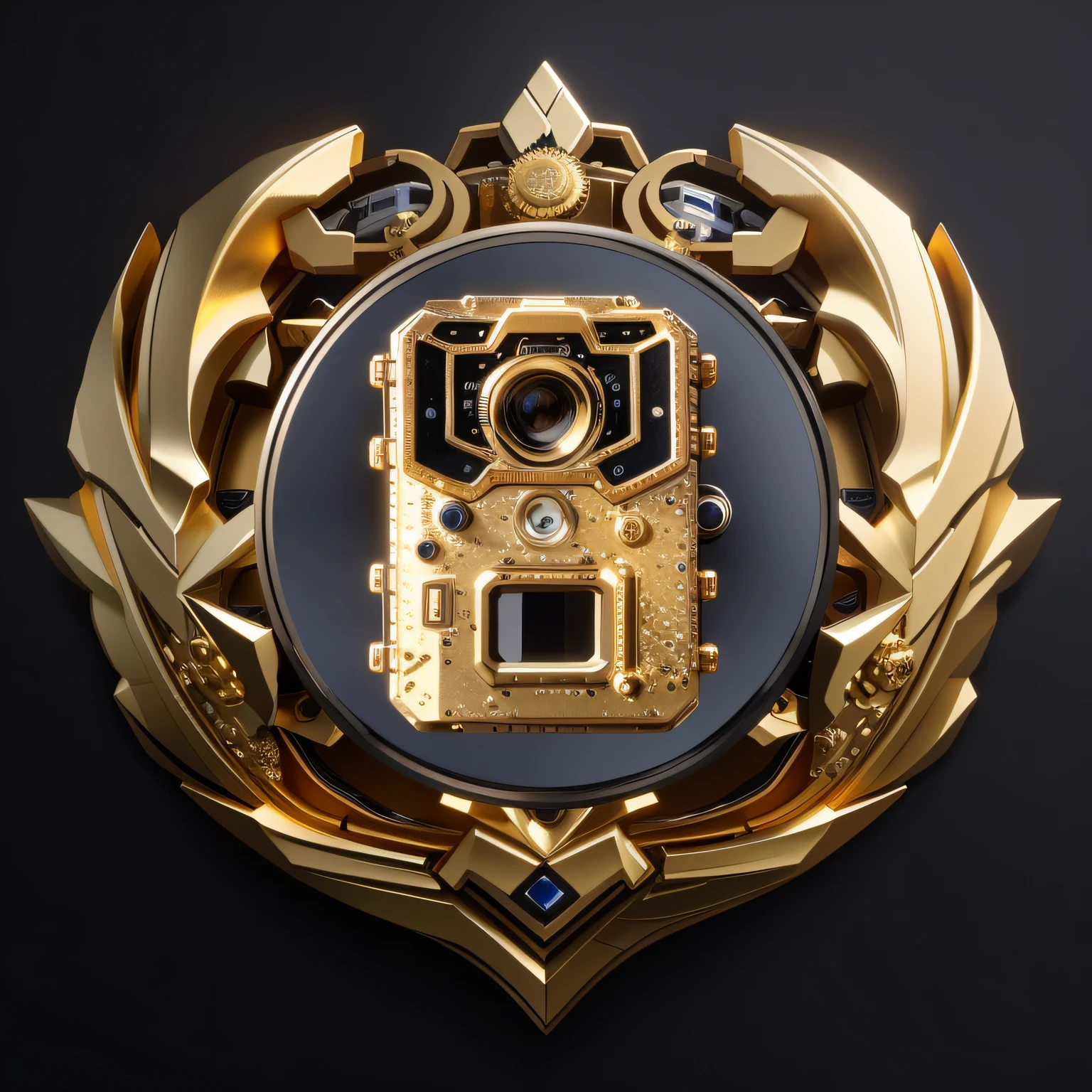 There is a gold camera in a golden frame on a black background, 4K tracking camera, 8k octae render photo, extremely high quality scan, professional high quality scan, Highly detailed 4K award-winning, Track the camera, Highly detailed. realistic award, high quality 8 k, highly detailed textured 8k, highly detailed textured 8 k