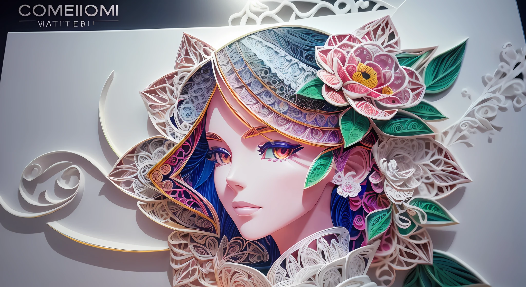 (hologram:1.5),(The silhouette of a beautiful woman:1.3),(Colorful camellias:1.2),in the winter,White background,paper art,(quilling paper art:1.5),(zentangle:1.2), (geomerty:1.2),a 3D render,extremely detaile, Cinematic lighting effects,4K,Masterpiece,