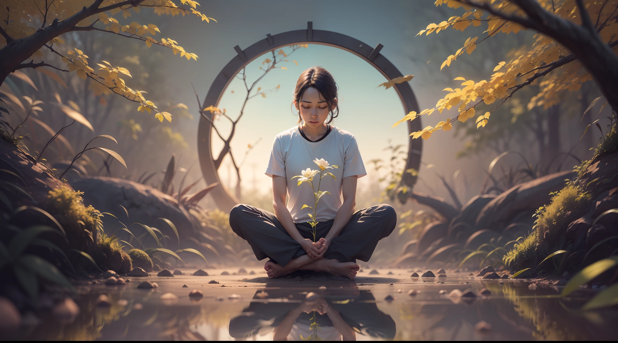 No centro da imagem, Putting an individual in a reflective position, sitting in a position of meditation or contemplation. Ao redor dele, represente sementes ou brotos emergindo da terra, symbolizing the beginning of the journey of personal development, which is like planting the seeds of self-discovery, em 4k, ultra realista.