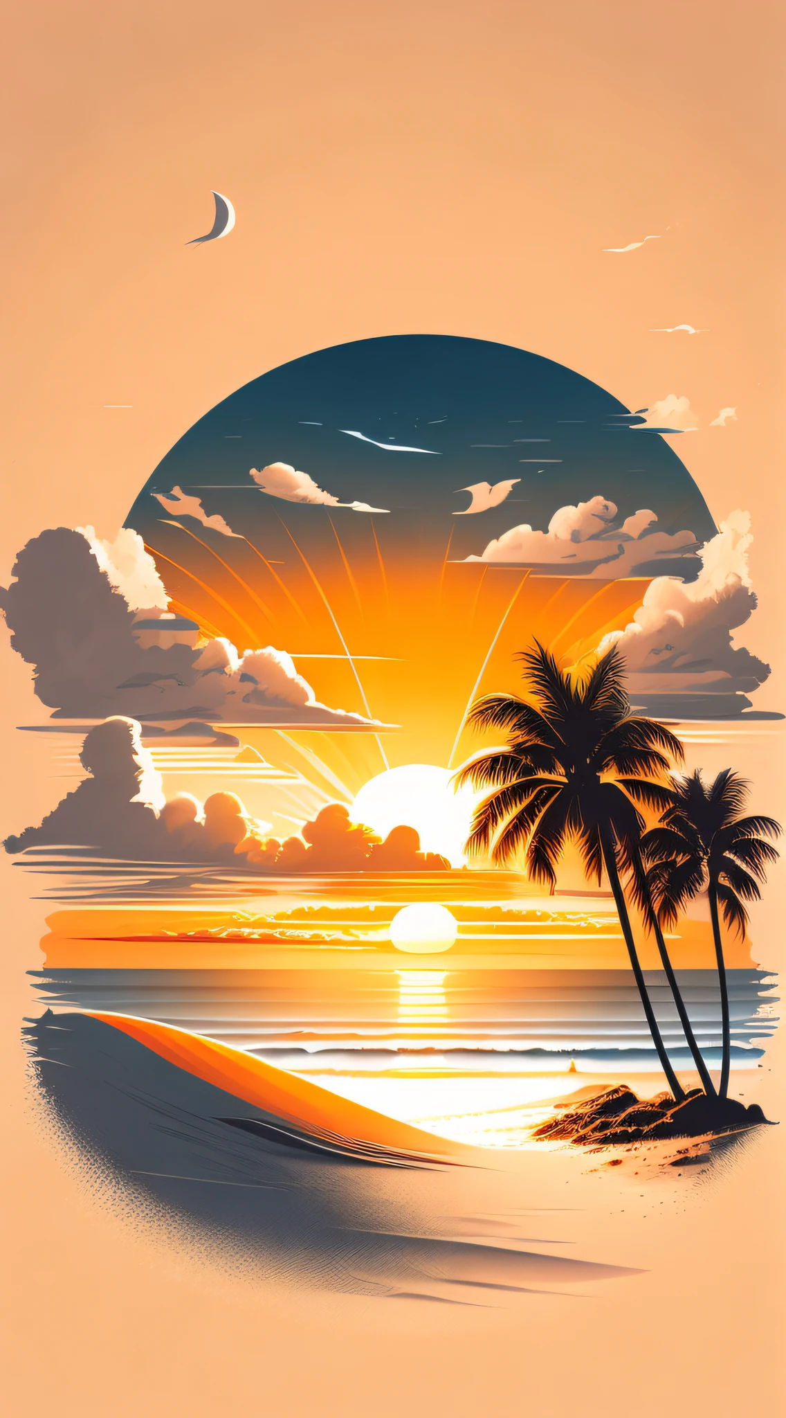 Sunset on the beach, white sand, epic composition, t-shirt design, rzminjourney, vector art