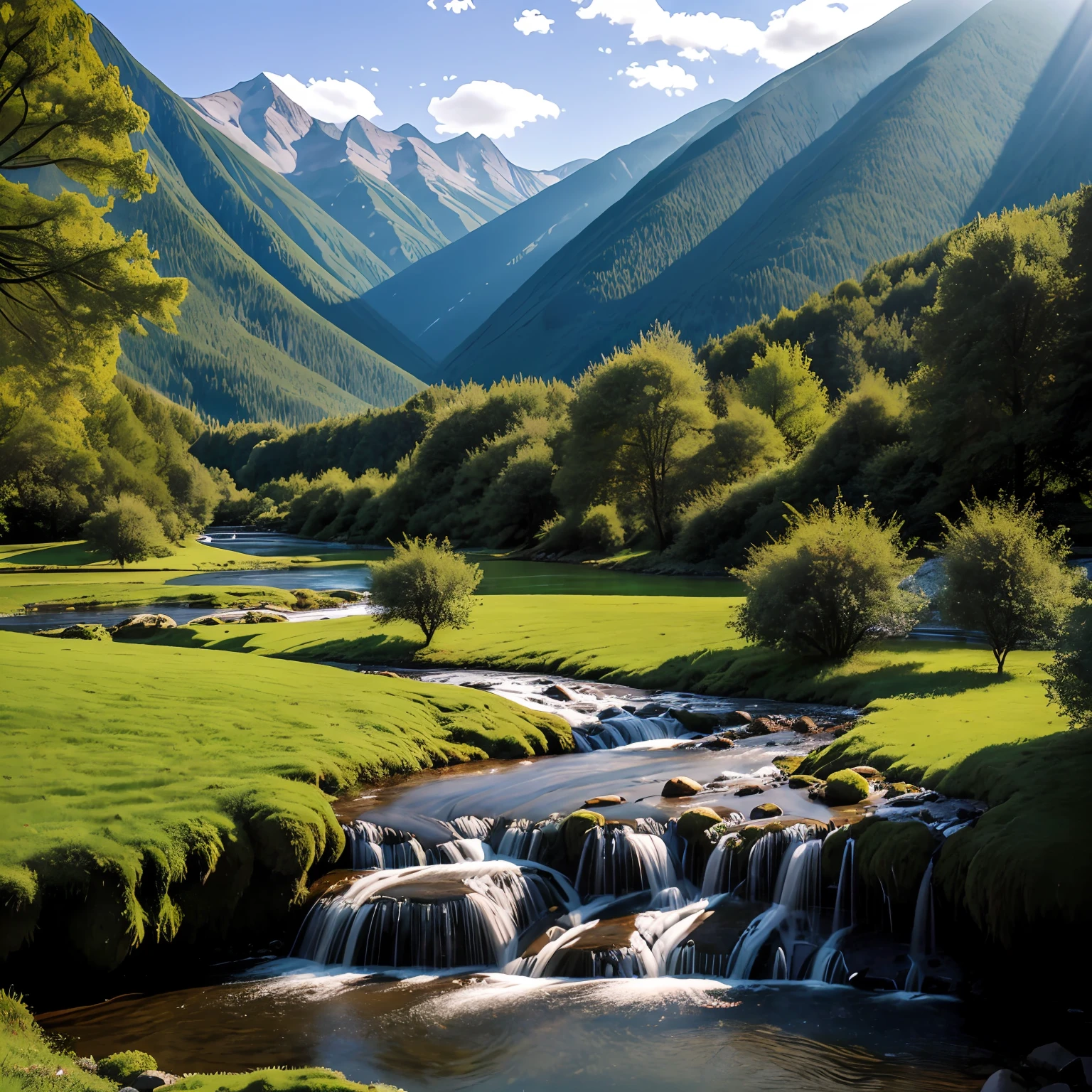 Design an atmospheric natural scene，In the center of the picture is a large tree，The large tree is surrounded by a stream，The source of the stream is a mountain waterfall，Outside the stream is meadow，The picture is surrounded by mountains in the distance --auto