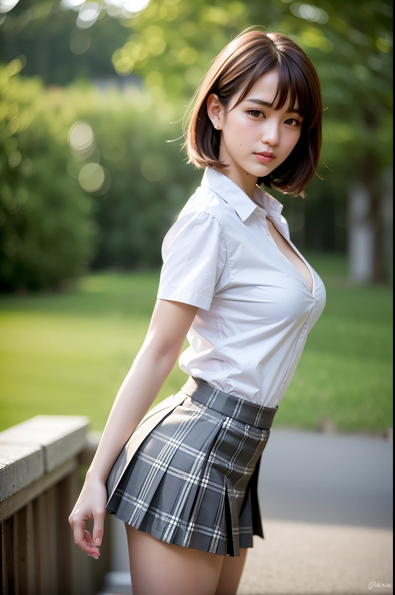 arafed asian woman in a short skirt posing for a picture, Korean Girl, Japanese Models, Beautiful Asian Girl, With short hair, Young Asian Girl, taken with canon 5d mk4, sakimichan hdri, photo taken with sony a7r, waist up portrait, wearing japanese school uniform, beautiful Korean women