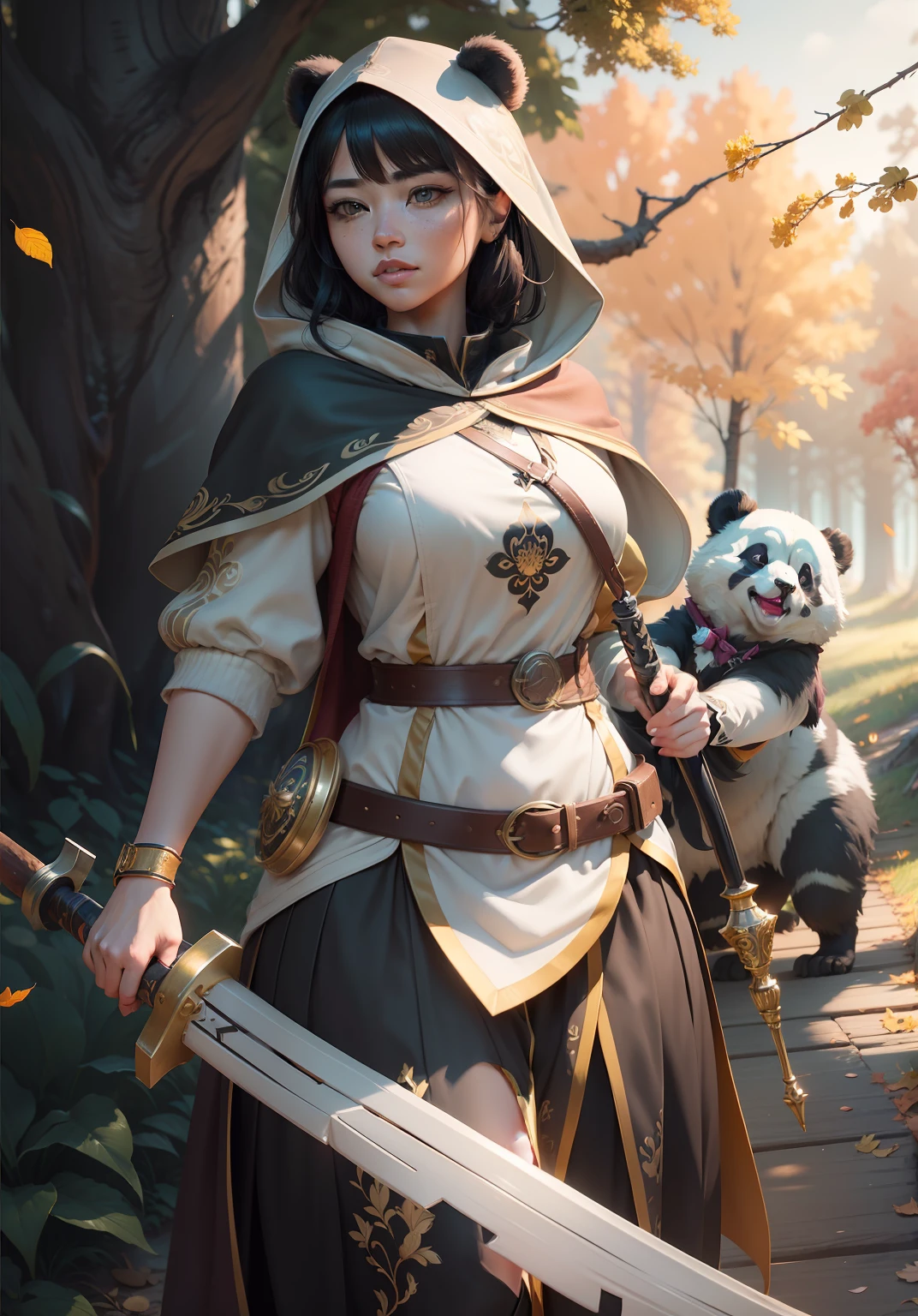 beautiful woman facing the camera black hair asian eyes, wearing a black and white panda hood holding a gleaming sword silver and gold Masterpiece, best quality, high quality, highly detailed CG unity 8k wallpaper beautiful landscape oil painting, award winning photography, bokeh, depth of field, HDR, bloom, chromatic aberration, photorealism, highly detailed, trending on artstation, on CGsociety Trending, intricate, high detail, dramatic, midjourney art and masterpiece, best quality, high quality, extremely detailed CG unity 8k wallpaper lush summer landscape with rolling green hills stretching towards the horizon, dotted with pink, yellow wildflowers, and purples, volumetric lighting and masterpiece, best quality, high quality, extremely detailed CG unity 8k wallpapers serene autumn landscape surrounded by trees in shades of golden yellow, fiery red and burnt orange. The crisp air is laced with the sweet aroma of fallen leaves and wood smoke. The ground is covered with a golden folia --auto