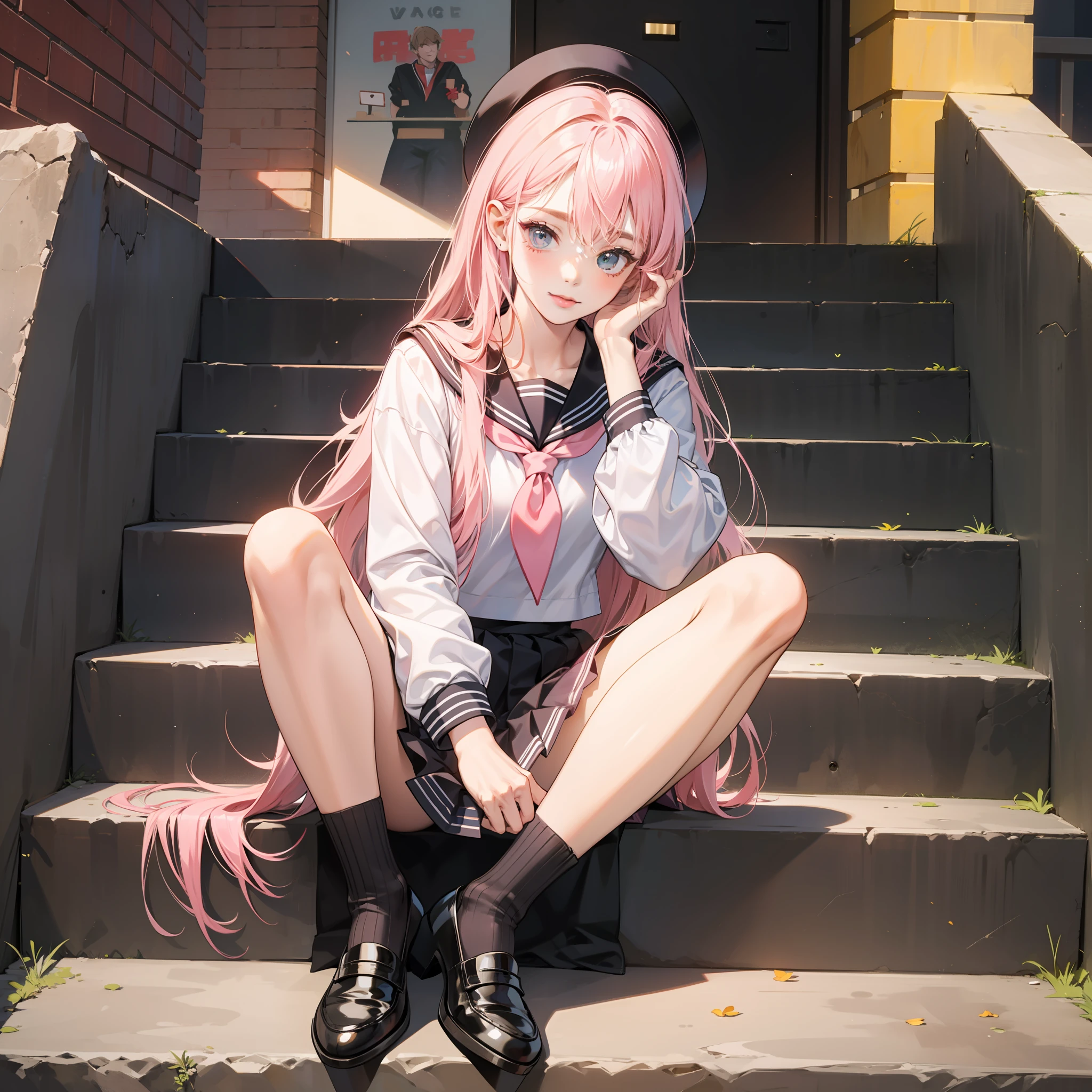Pink Long Hair,Pink sailor suit,black pantyhoses,Small black leather shoes,Sitting on the steps,looking at viewert