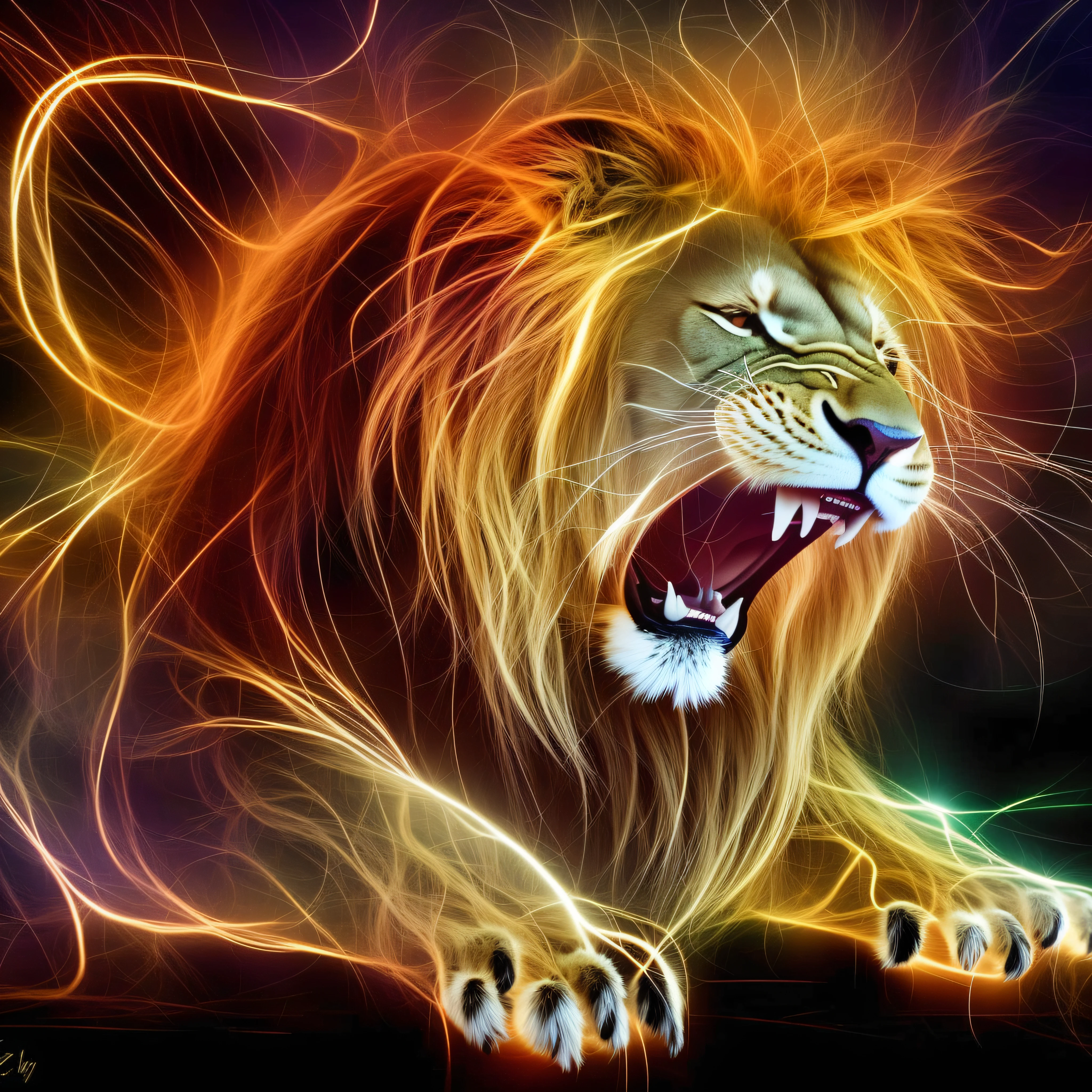 A lion roaring with its mouth open and glowing in the dark, fire lion, Arte digital foto animal, amazing wallpaper, Fondo de pantalla HD, dandelions, amazing background, Fondo de pantalla HD, Genial, fierce expression 4k, por Leo Goetz, Arte digital HD de alta calidad, amazing digital art, asombroso, por Eugeniusz Zak, Arte digital impresionante, Impresionante arte digital