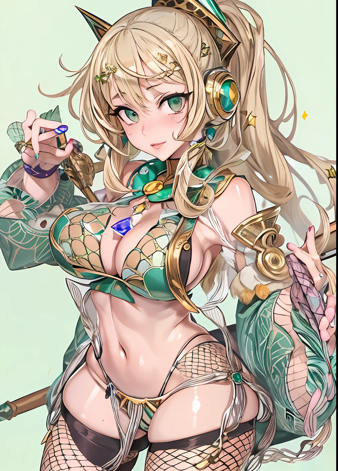 ((masterpiece, sidelighting, finely detailed beautiful eyes: 1.2)), (((simple background))), 1girl, solo, ponytail hair, ((large breasts)), thighs, miniskirt, ((huge breasts)), curvy, ninja, ((fishnet)), facing forward, (((thick lips))), ((dark skin)), ((gyaru)), blonde, ((detailed green eyes)), close up, cel shading, (((anime))), front portrait shot, (glitter), ((blush)), (holding crystal staff)