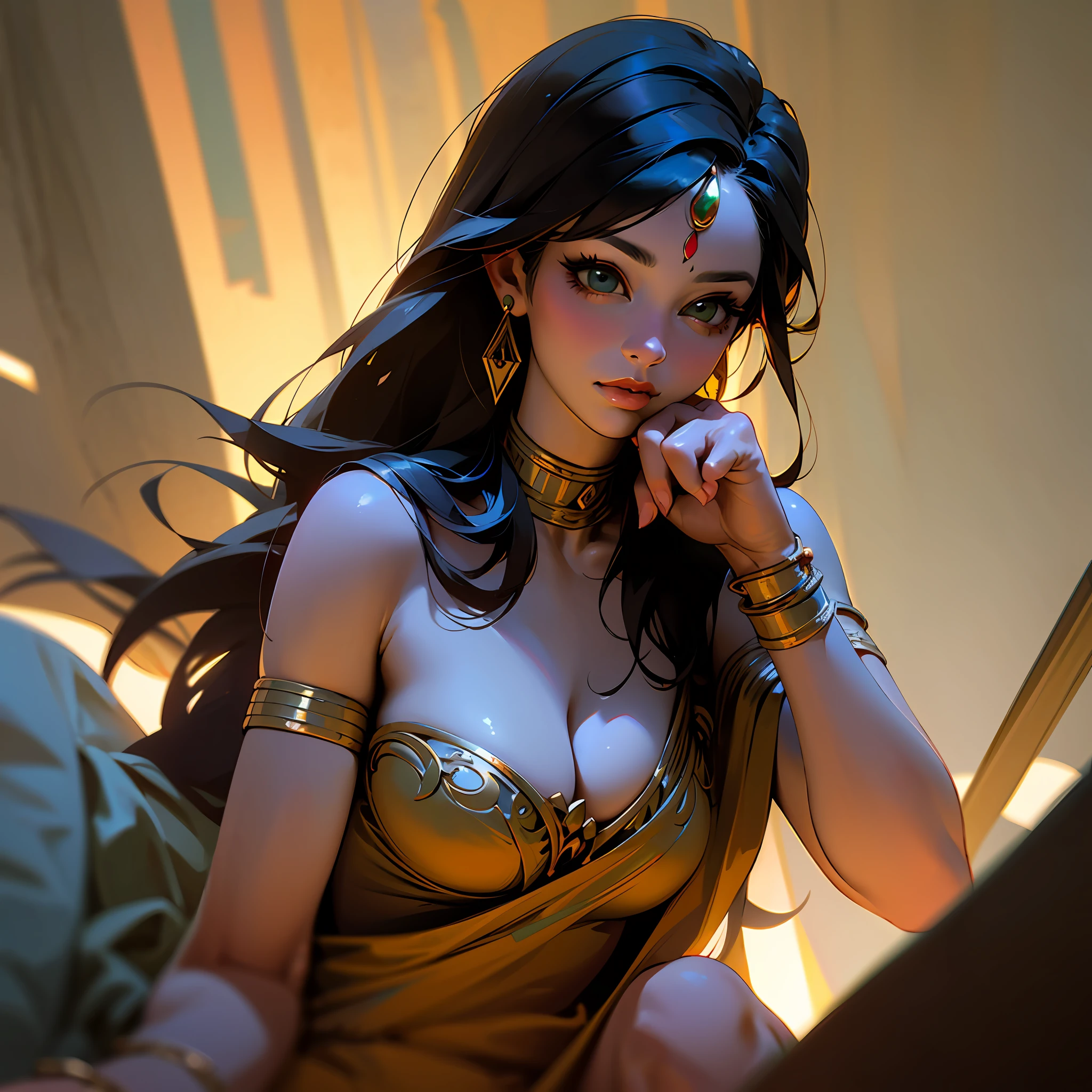 ((realistic:1.5)),((best quality)), ((masterpiece)),((detailed)), (1girl), {a beautiful female wearing a Sari}, (upper body:1.3),super-wide-angle lens,face focus, mature,sexy,toned muscles,long legs,curvy, barefoot, oversized firm breasts, open cleavage, drooping breasts, thick thighs,wide hips, thin legs, green eyes,long black hair,floting hair,long eyelashes, (detailed face,beautiful eye, detailed pupilss,detailed clothes features, clear background:1.3), (Bindi,Jhumkas:1.3), (Armlet, Haar, Payal,Maang Tikka,Jhumkas,Kamarband,Bangles:1.3), mysterious ancient ruin, lush forests, deep canyons,bridge,river,cliff,cloud, lakes,rock,waterfalls, flowers, grass, fog,vine,tree, smoke, best shadow,bright details,sharp,perfect composistion, Intricate, Sharp focus, dramatic, by Frank Frazetta,by Julie Bell,by Olivia De Berardinis,by Luis Royo,by boris vallejo, (specular lighting:1.3),rim light, princesses, playing, princesses playing with water, royal skimpy underwear, random royal color, laying on the floor, spooning her friend, hand on underwear, thirsty face, erotic face, lips open, almost undressed, underwear slid down, attended by servants, armed bodyguard, servant, gasping, breathing hard, fist clenched, visible slit, queen crown --auto
