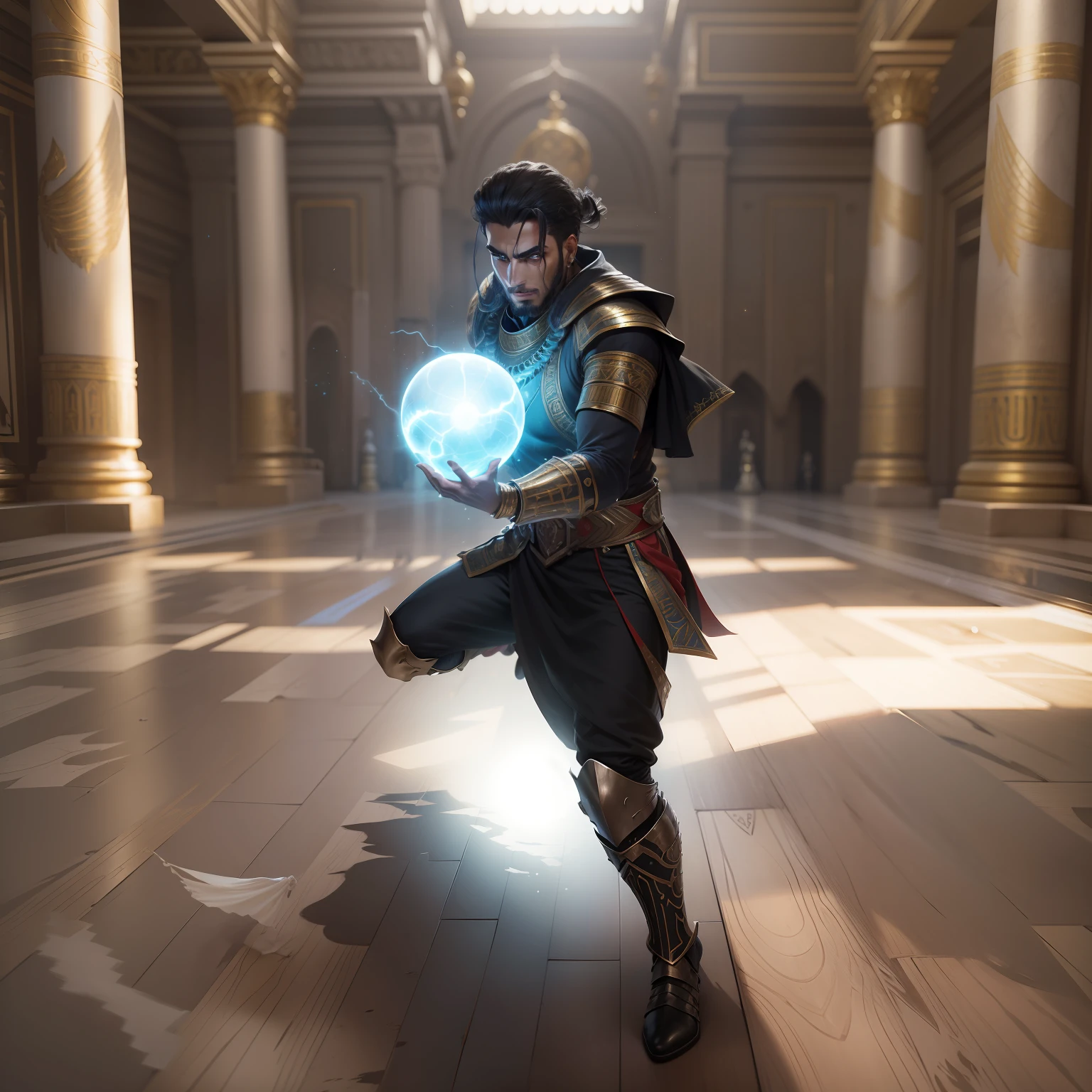 realistic image of an egyptian man, 25 years old, dressed in black rpg warrior outfits and with silver shoulder pads, scared, standing in a wide hall of a royal palace, attacking with a sphere of conjured glowing energy