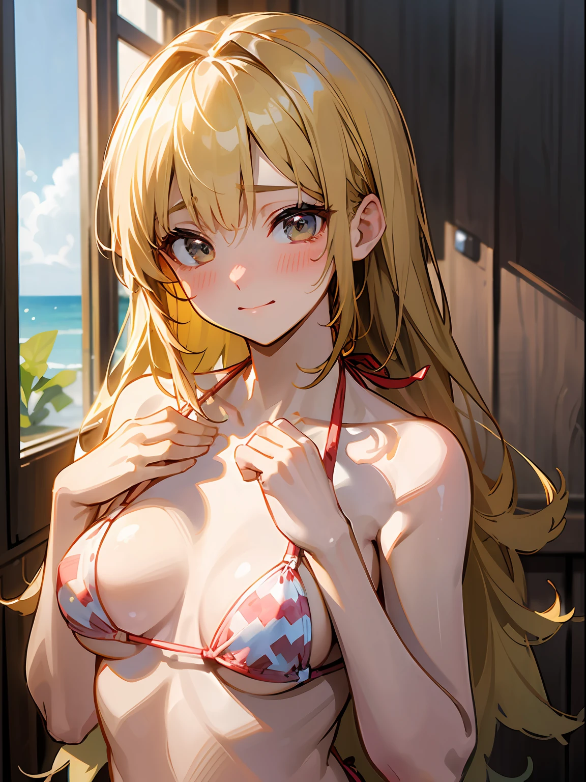 (masterpiece)、(top-quality)、(extremly tiny bikini:1.5)、(blushed face:1.3)、(hiding chest with hands:1.3)、Almost naked、a beauty girl、Embarrassed look、A slight smil、a very cute、Clear eyes、Shining eyes、large udder、Tummy is visible、cleavage of the breast、lower abdom、An ultra-high picture quality、ultra-definition、Photorealsitic、Golden hair